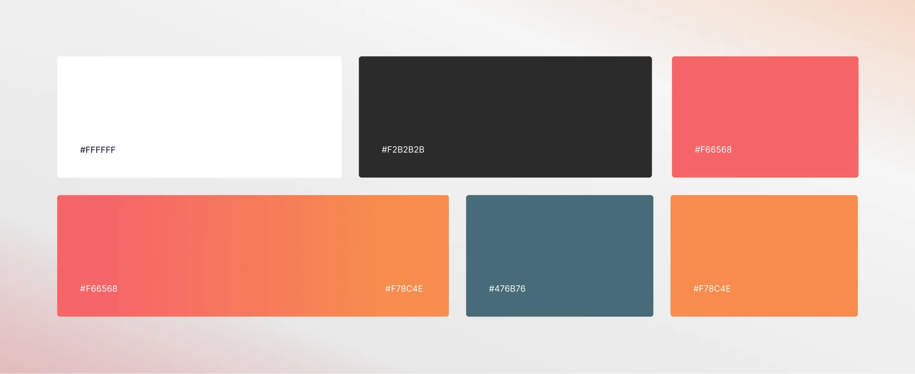 Protagona colour palette: white, charcoal, coral, orange and slate teal swatches plus the coral-to-orange brand gradient, each labelled with its hex code