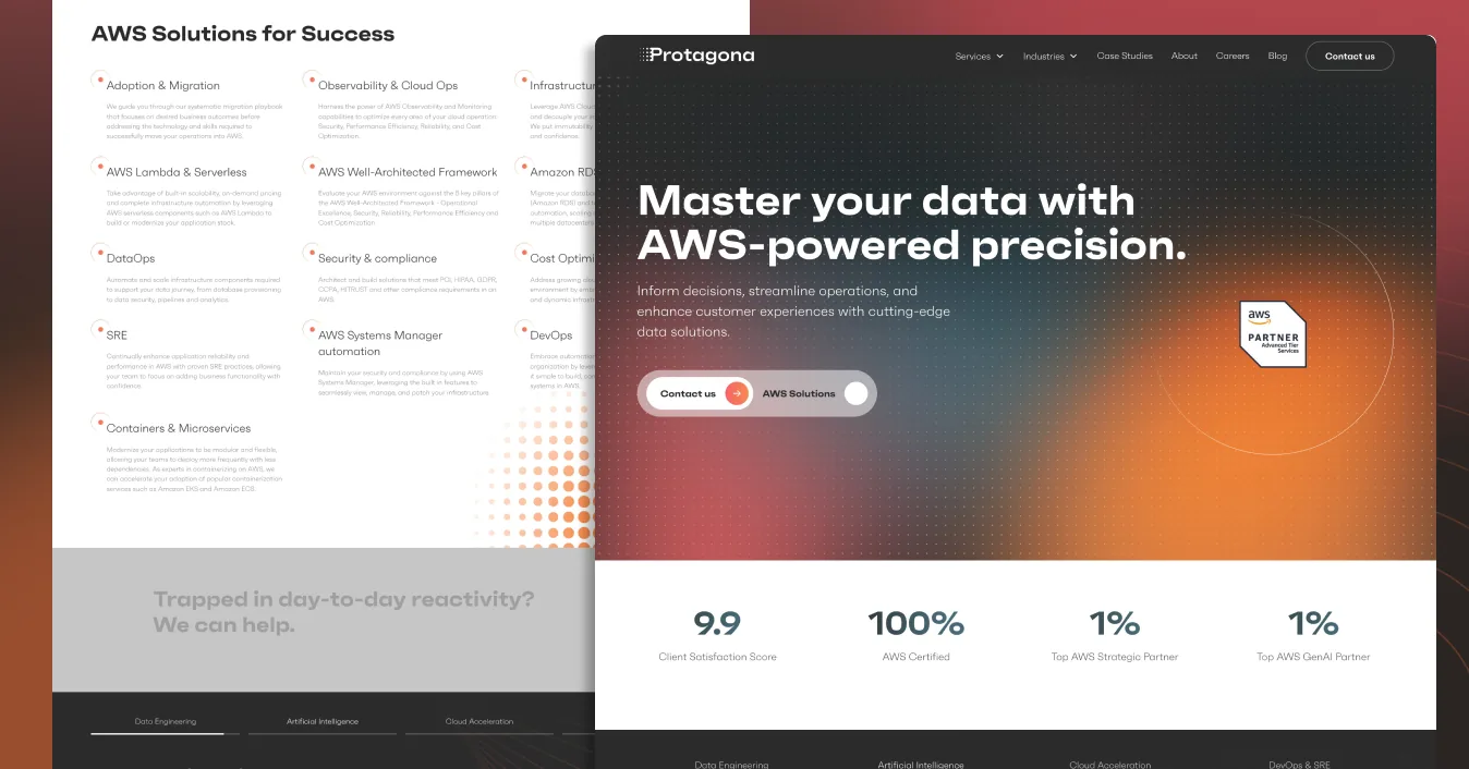 Protagona homepage with the Master your data with AWS-powered precision hero and AWS stats band, layered over the Data Engineering services tab, case study slider and process section on a red-orange backdrop