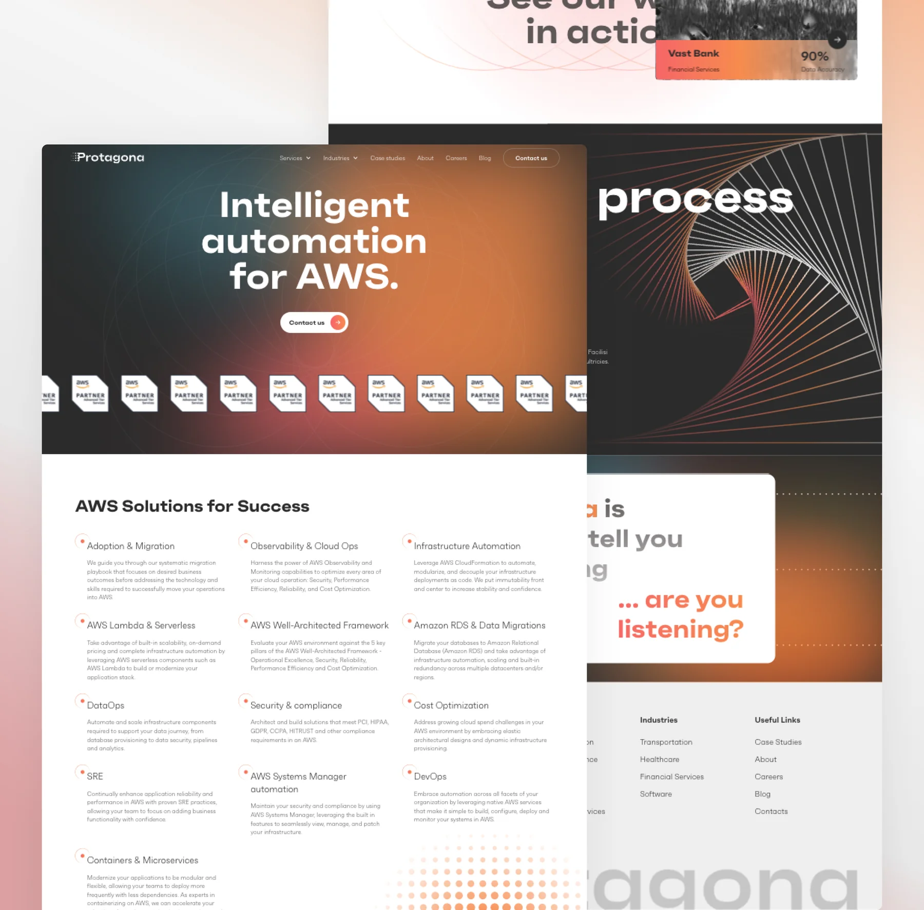 Protagona page designs: the Intelligent automation for AWS service page with AWS Partner badges and solutions grid, layered over the homepage process and data sections