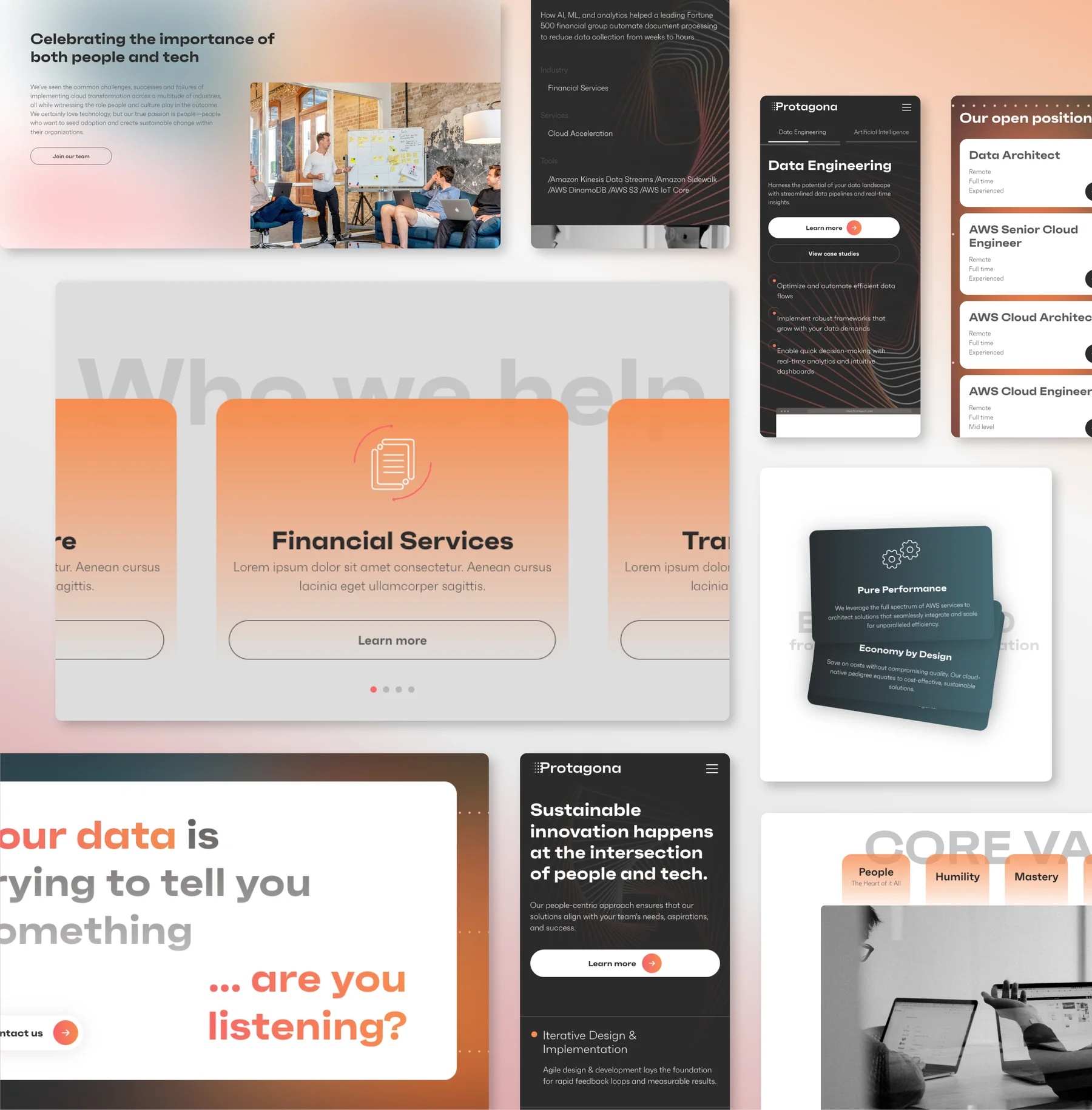Protagona sections on desktop and mobile: team culture, a case study summary, the Who we help industry slider, open positions, core values and the data CTA