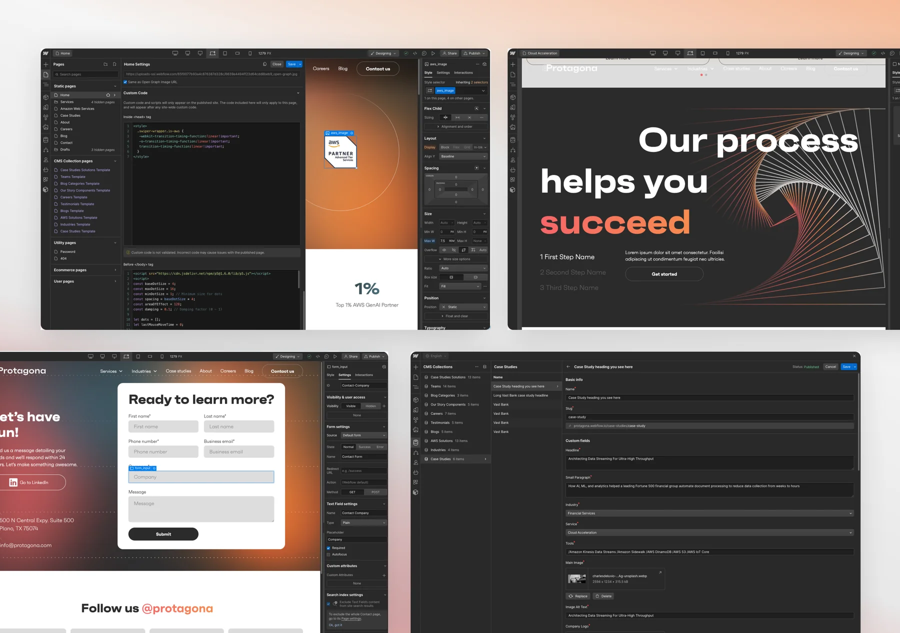 Protagona in the Webflow Designer: homepage custom code settings, the Our process section, the contact form build and a case study item in the CMS editor