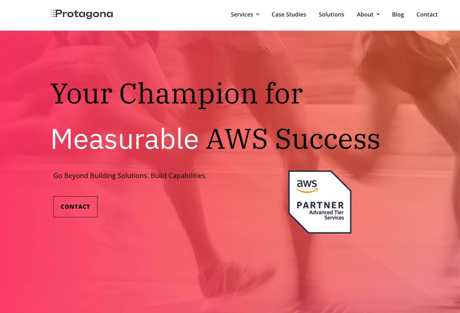 The previous Protagona homepage before the rebuild: a pink motion-blur runners photo, the Your Champion for Measurable AWS Success headline and an AWS Partner badge