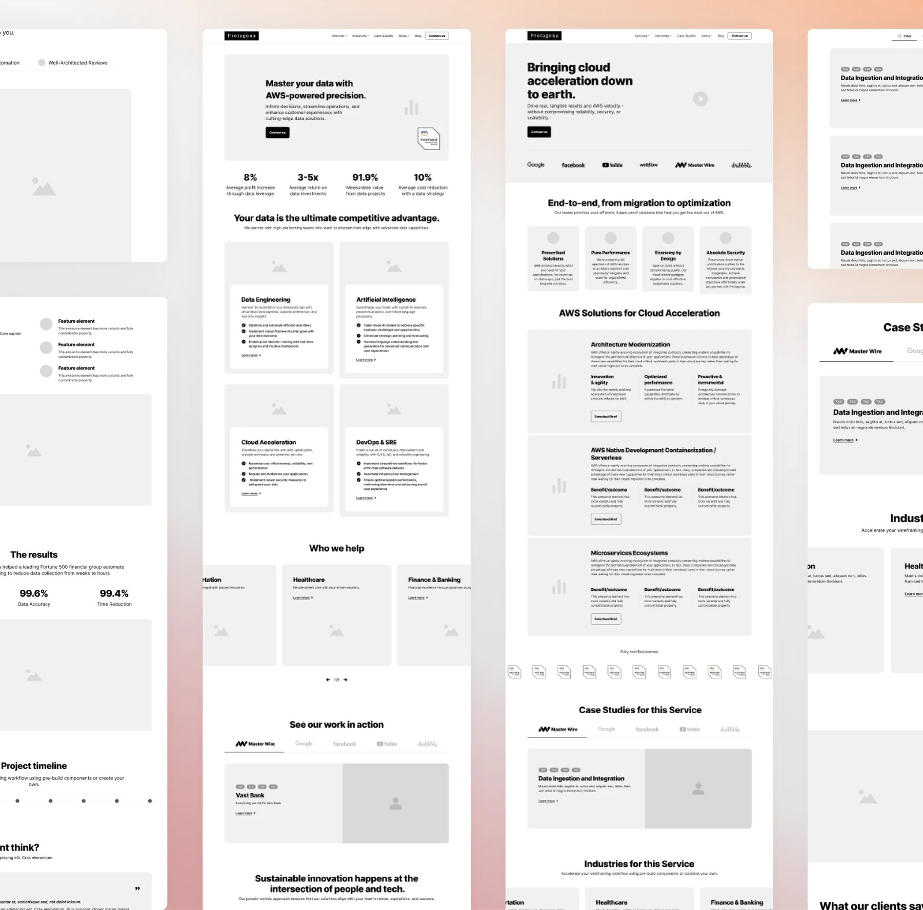 Protagona greyscale wireframes for the homepage, the cloud acceleration service page, a case study and the case studies and industries pages