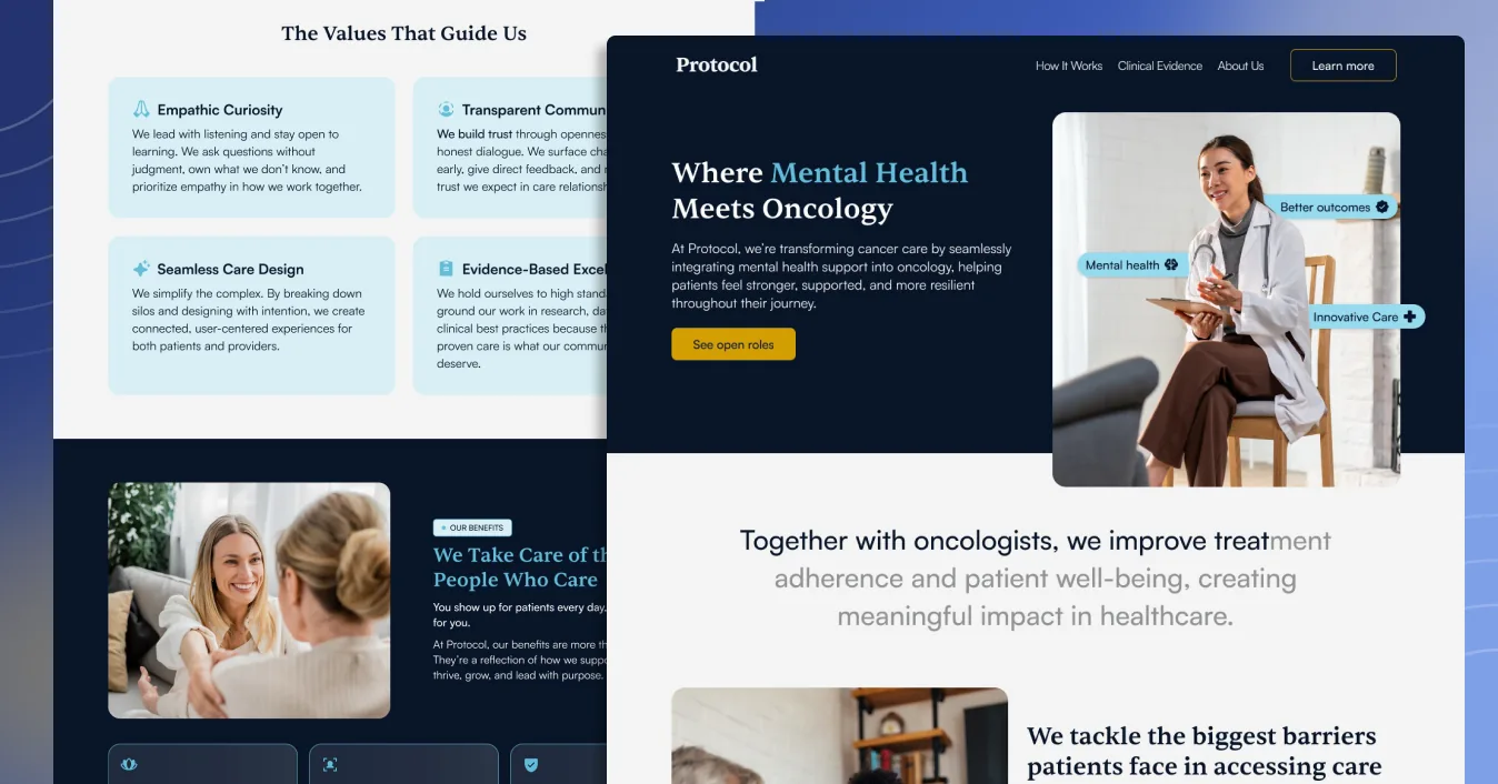 Protocol home page with the Where Mental Health Meets Oncology hero, layered over The Values That Guide Us and We Take Care of the People Who Care sections on a blue backdrop