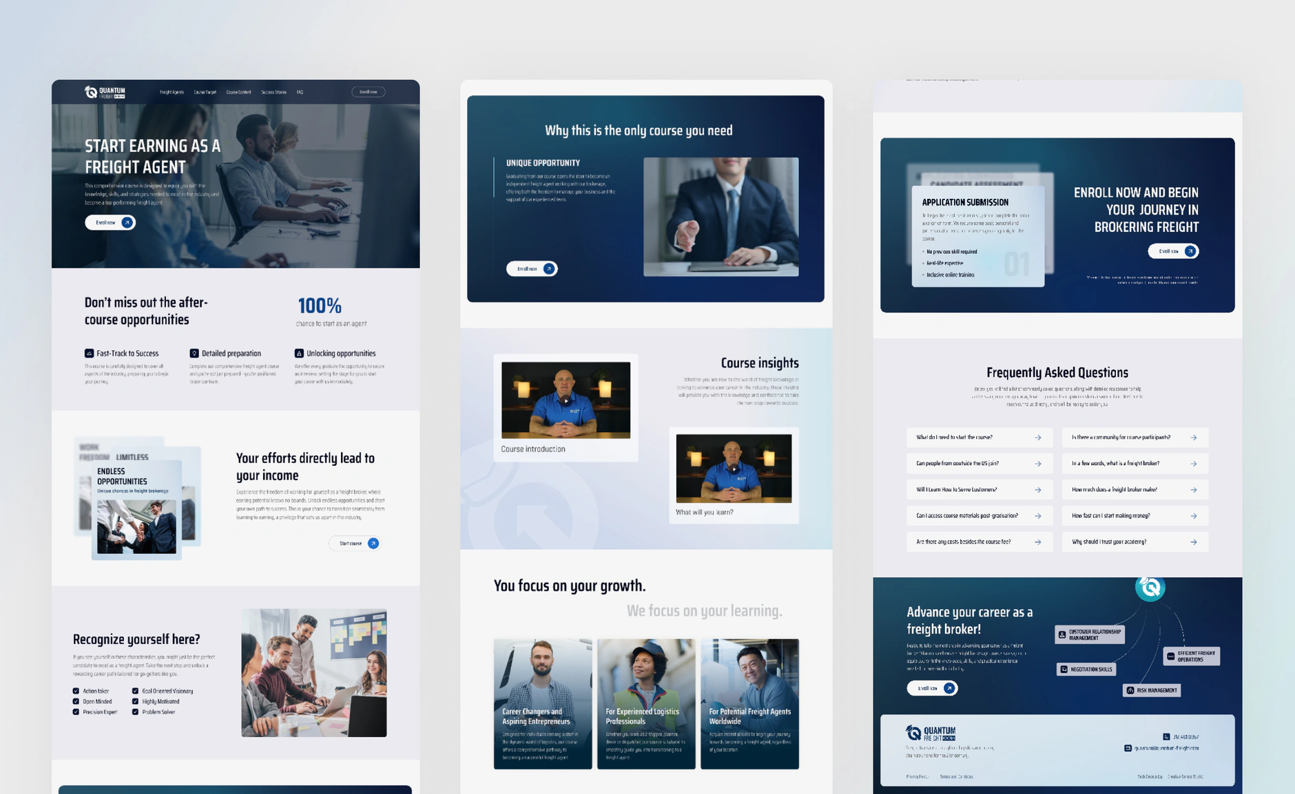 Quantum Freight full landing page shown in three stacked columns from hero through course insights to the FAQ