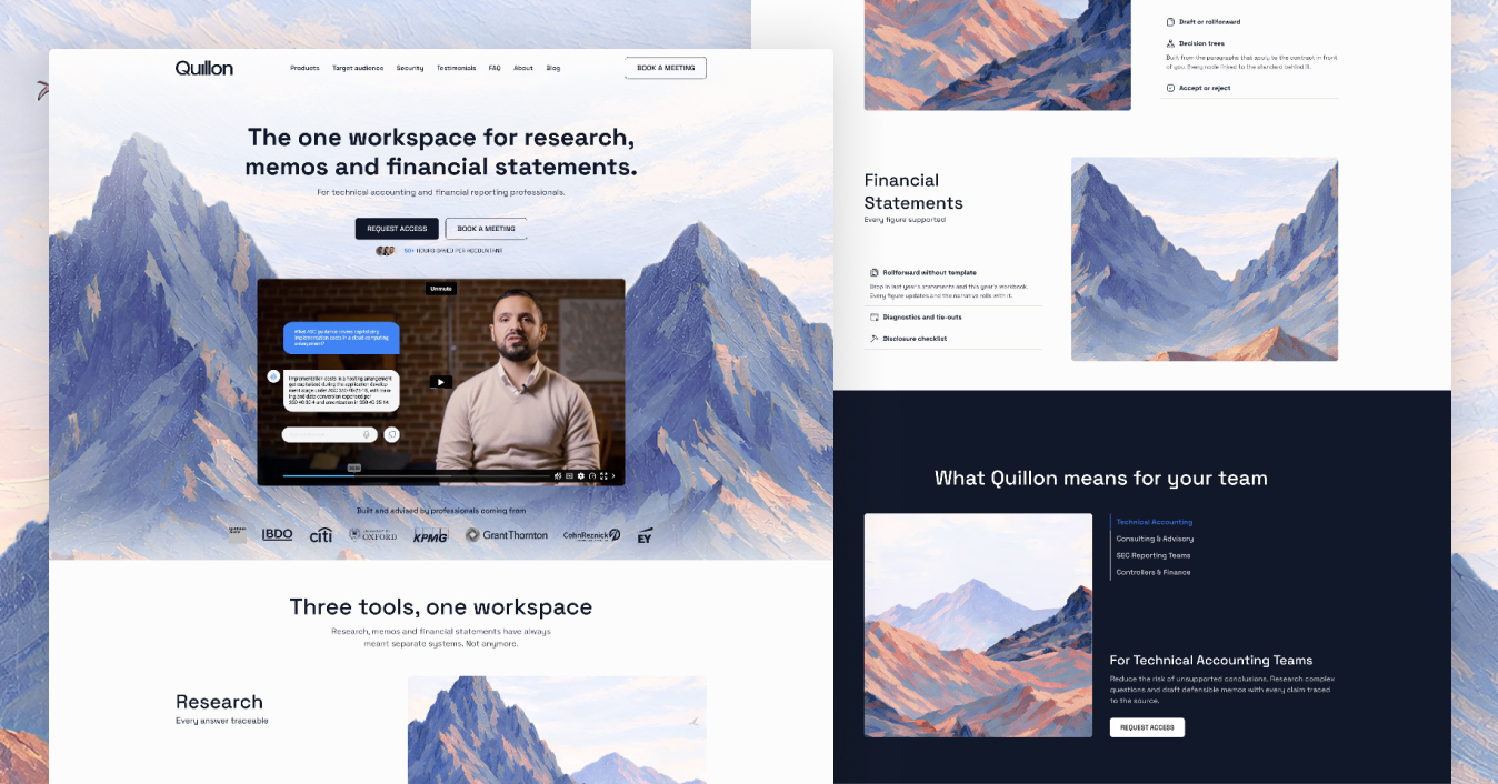 Quillon homepage hero with the founder video, beside the Financial Statements section and What Quillon means for your team