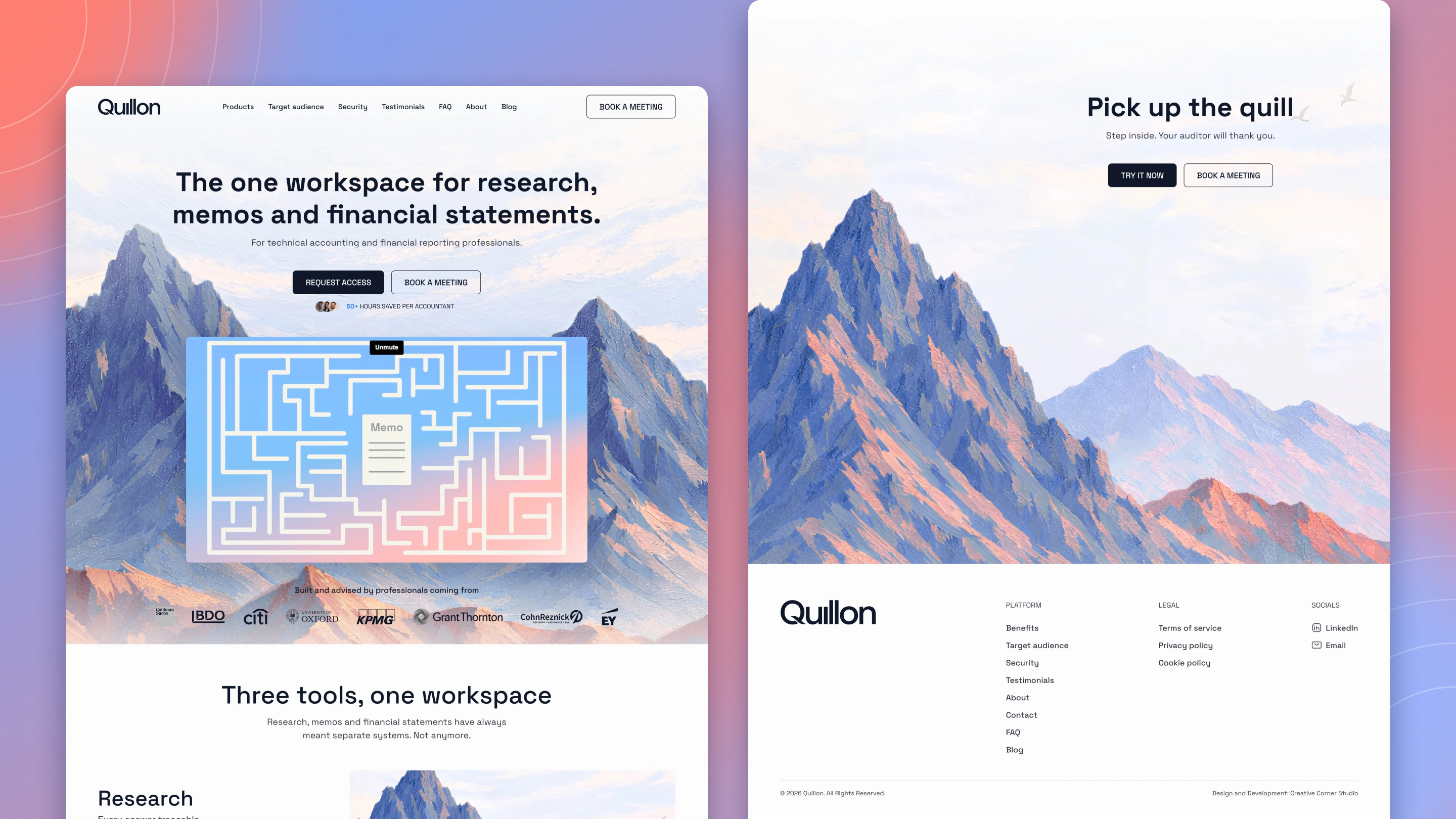 The Quillon website on Webflow: the One workspace for research, memos and financial statements hero with a product video, beside the Pick up the quill page and footer