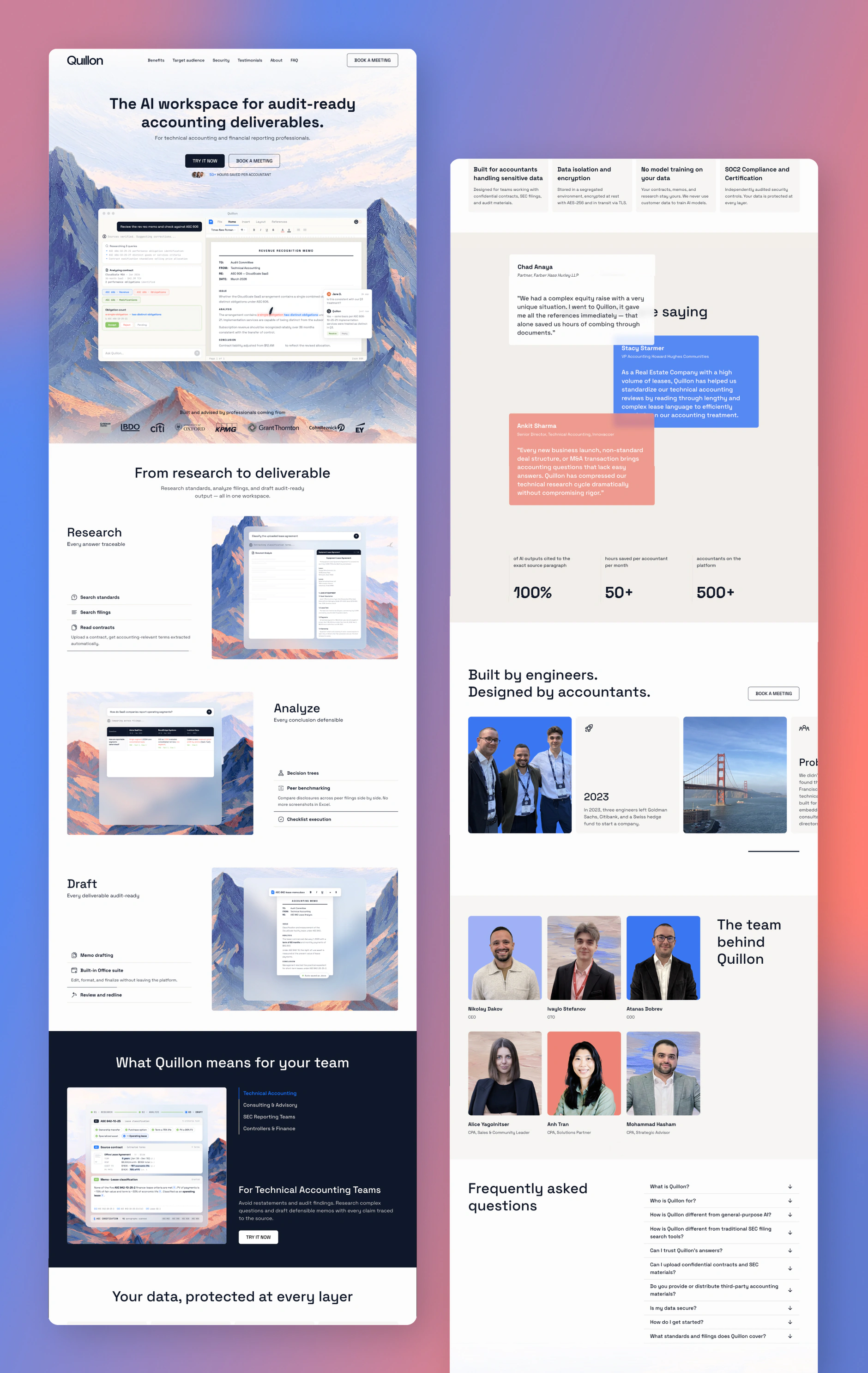 The Quillon homepage on Webflow, top to bottom: The AI workspace for audit-ready accounting deliverables, the research, analyze and draft workflow, testimonials, the team and the FAQ