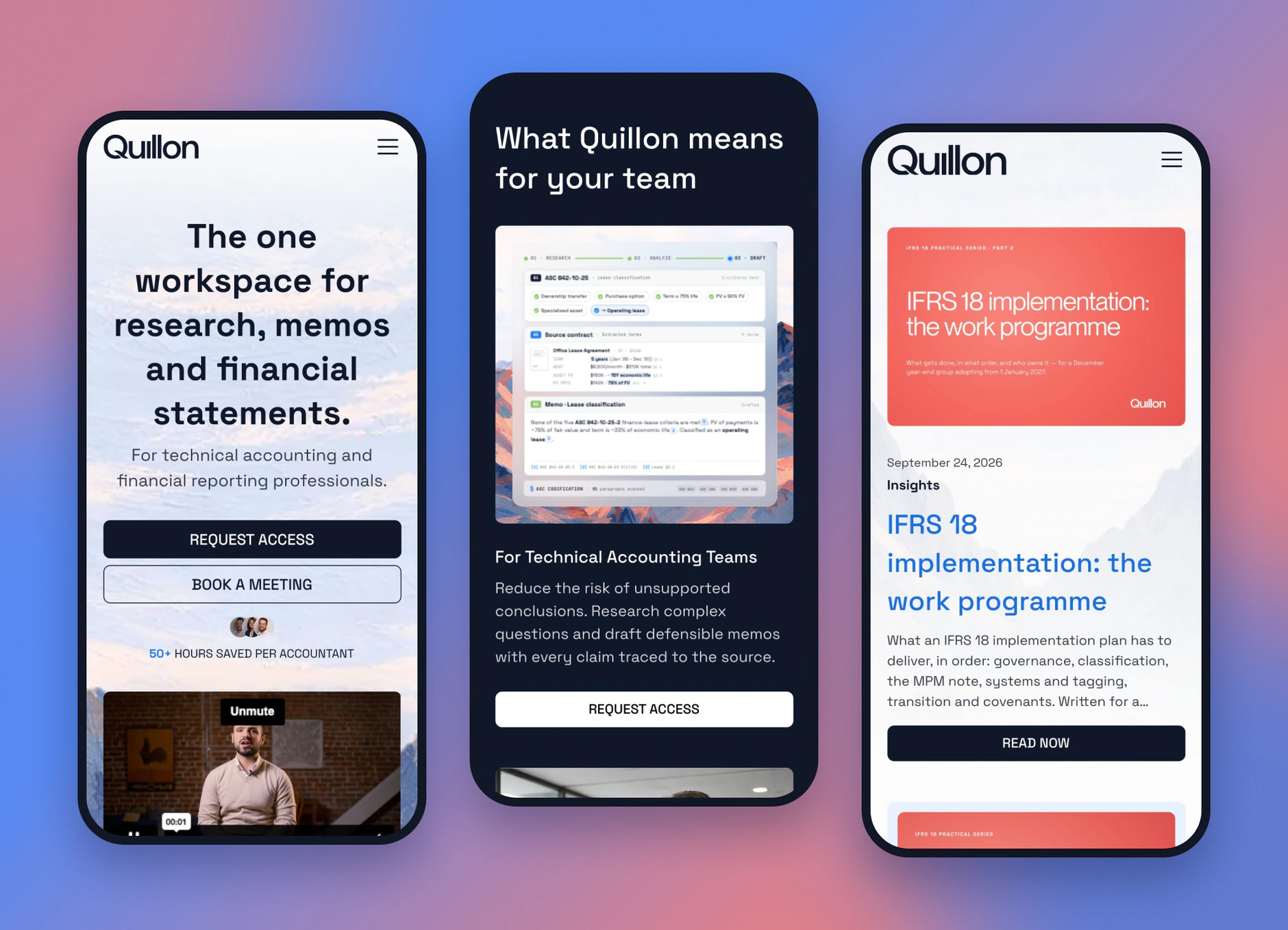 Three Quillon mobile screens: the homepage hero, What Quillon means for your team, and an IFRS 18 insights article