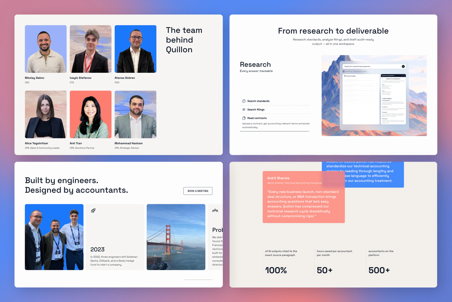 Quillon page sections: The team behind Quillon, From research to deliverable, Built by engineers. Designed by accountants., and a client testimonial with platform stats