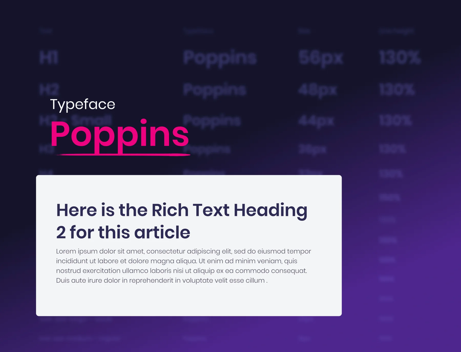 RAM Tracking typography sheet on a dark purple gradient, setting Poppins as the typeface with its heading scale and a sample rich-text article block