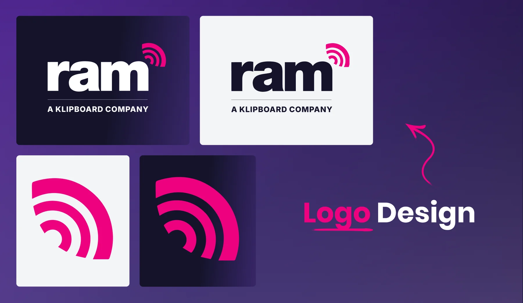 RAM logo for the Klipboard rebrand: the ram wordmark with signal icon and A Klipboard Company line on dark and light backgrounds, beside the standalone icon