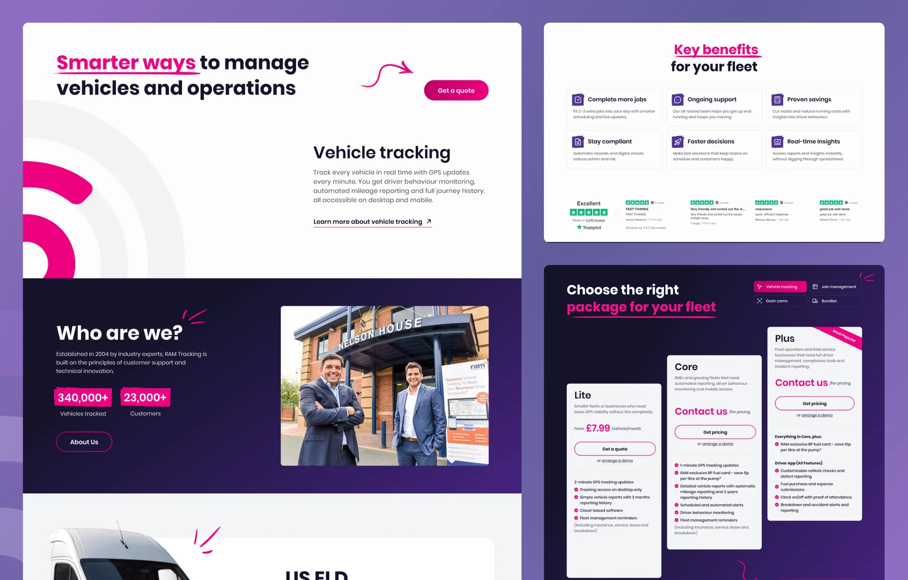 RAM Tracking page designs: the vehicle tracking intro, Who are we? with the team outside Nelson House, key fleet benefits, and Lite, Core and Plus pricing packages