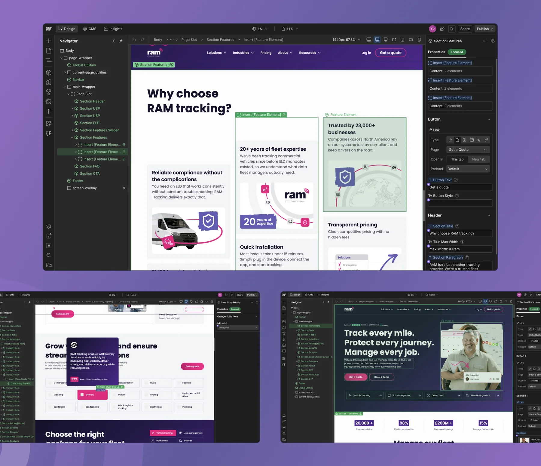 RAM Tracking ELD page features section open in the Webflow Designer, above the homepage industries grid with a case study pop-up and the homepage hero build