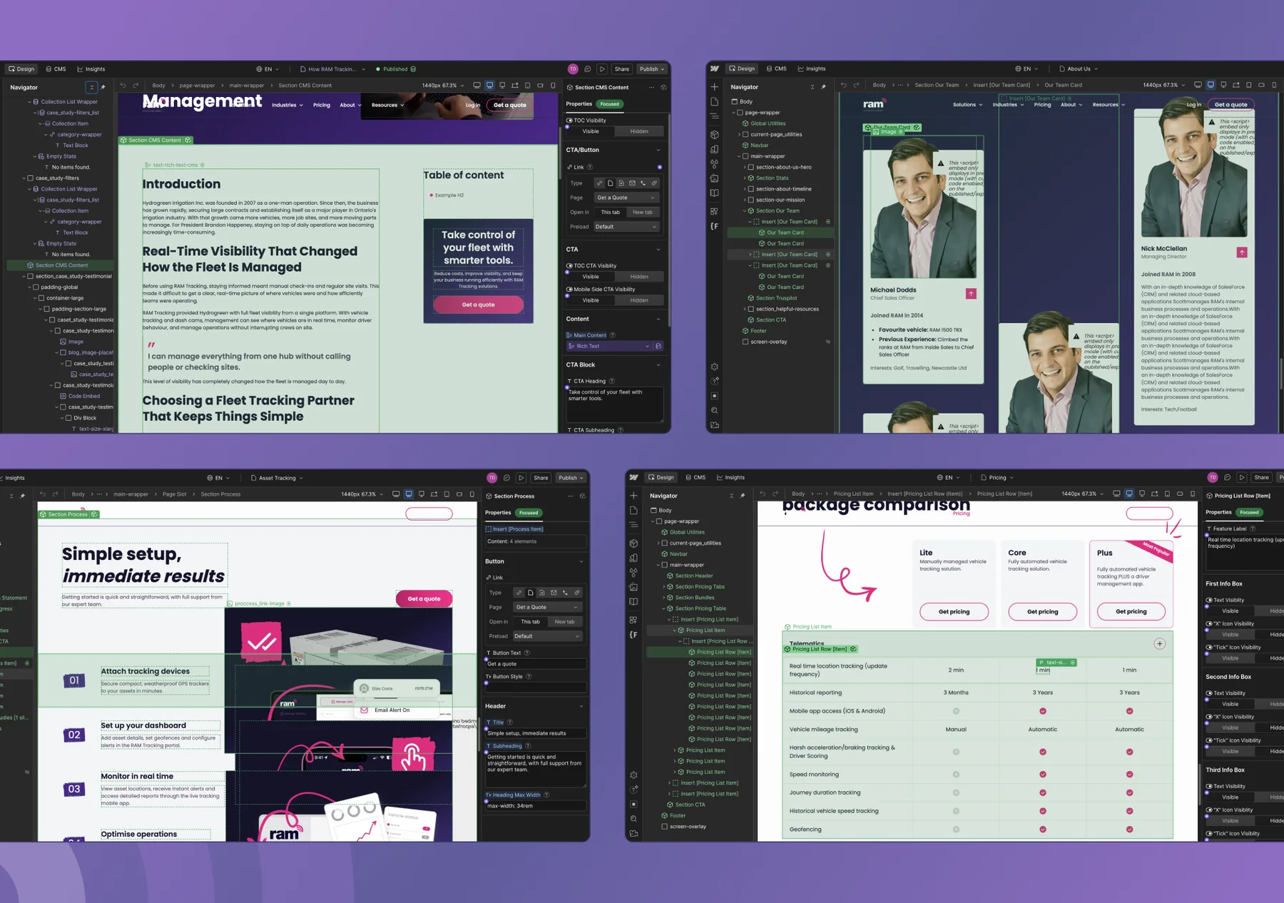 Four RAM Tracking builds in the Webflow Designer: a blog post CMS template with table of contents, team member cards, the setup process section and a pricing comparison table
