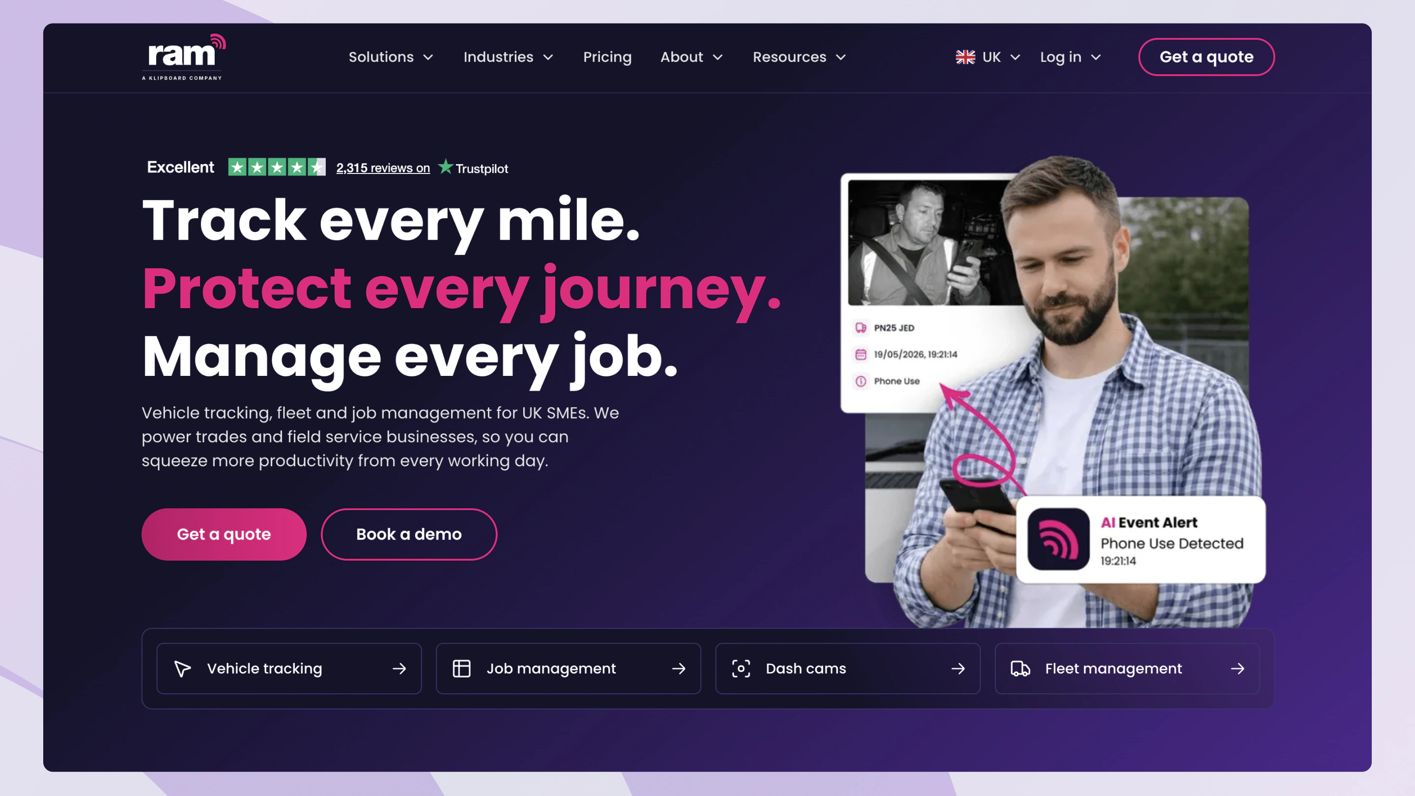 RAM Tracking homepage hero on Webflow: Track every mile, Protect every journey, Manage every job, with the Trustpilot rating, a dash cam AI phone-use alert, and links to vehicle tracking, job management, dash cams and fleet management