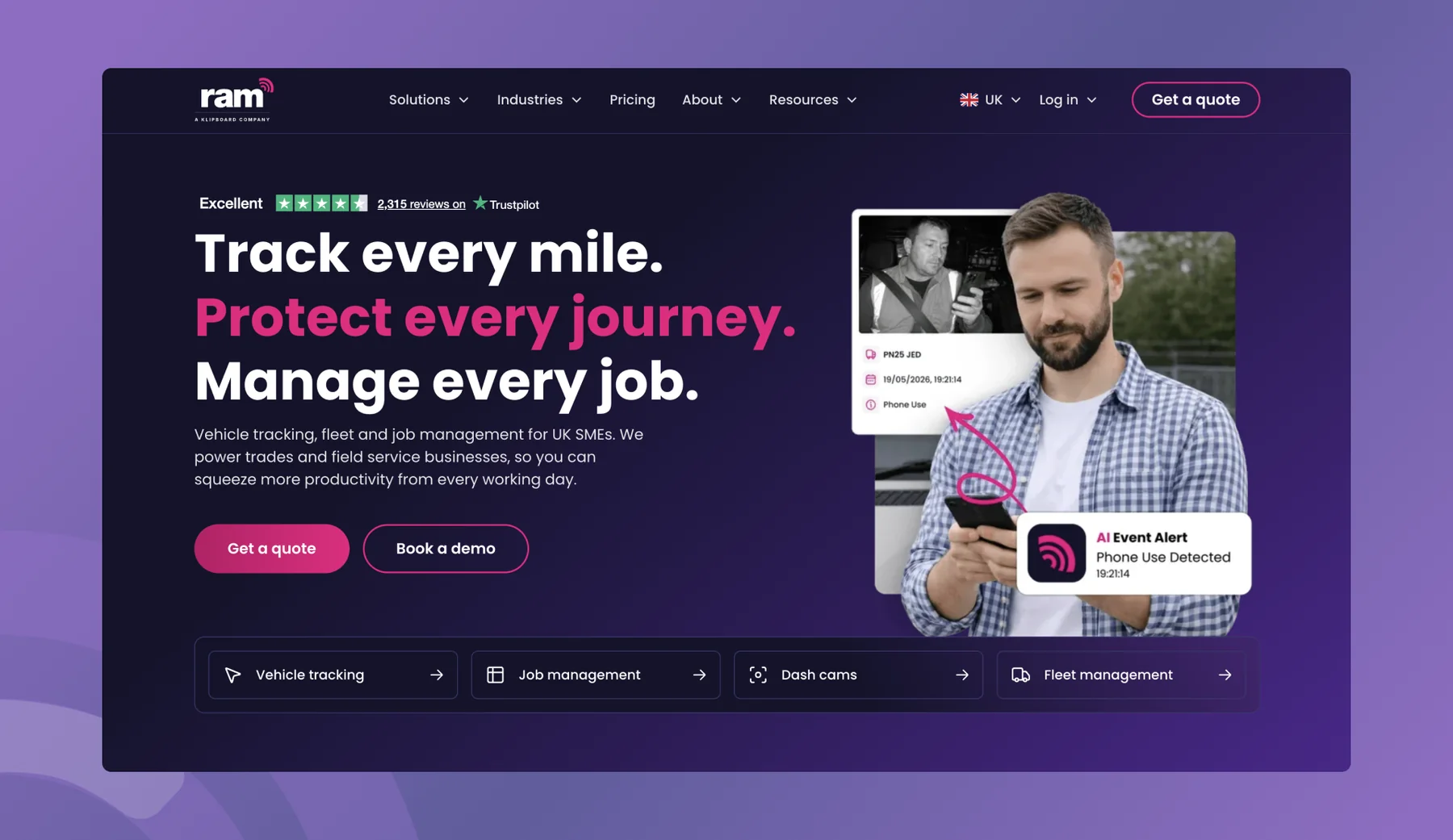 RAM Tracking homepage hero with the Track every mile headline, a dash cam AI event alert for phone use, and links to vehicle tracking, job management and dash cams
