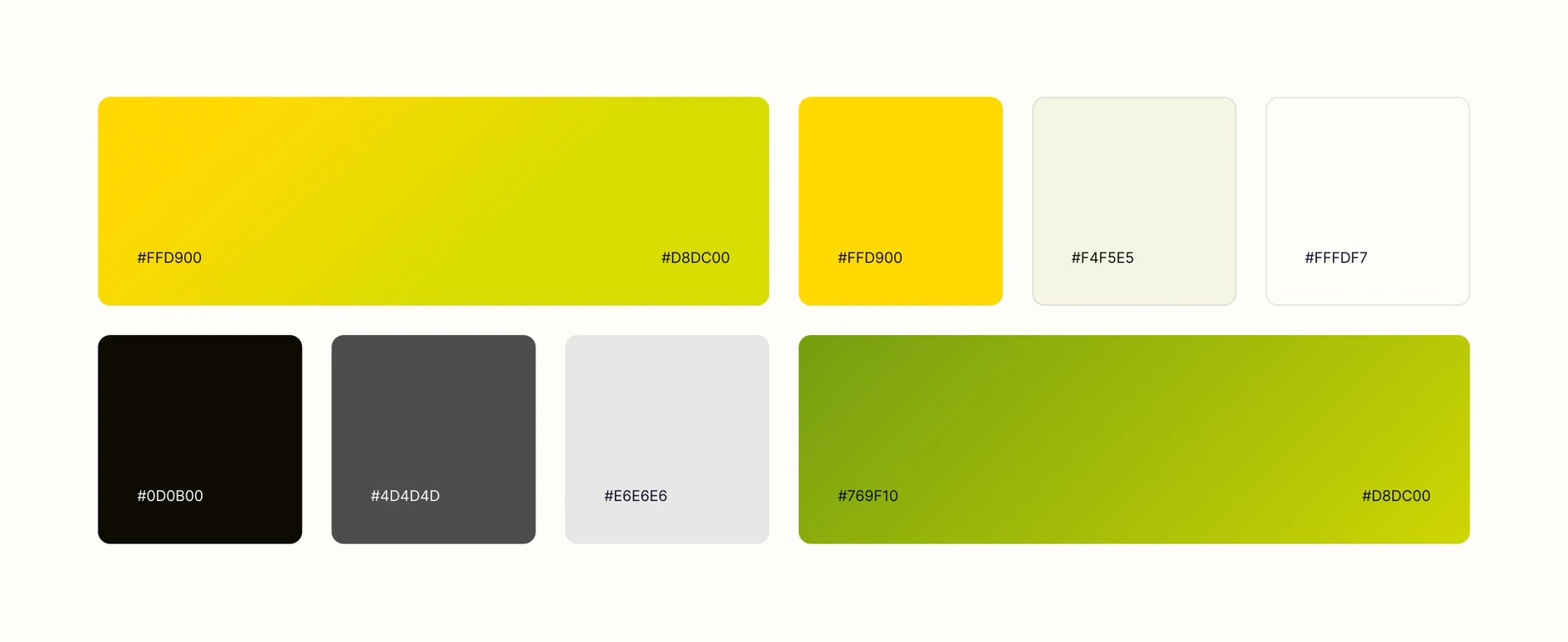 Sadina brand colour palette with yellow, lime green, grey and off-white swatches labelled with hex values