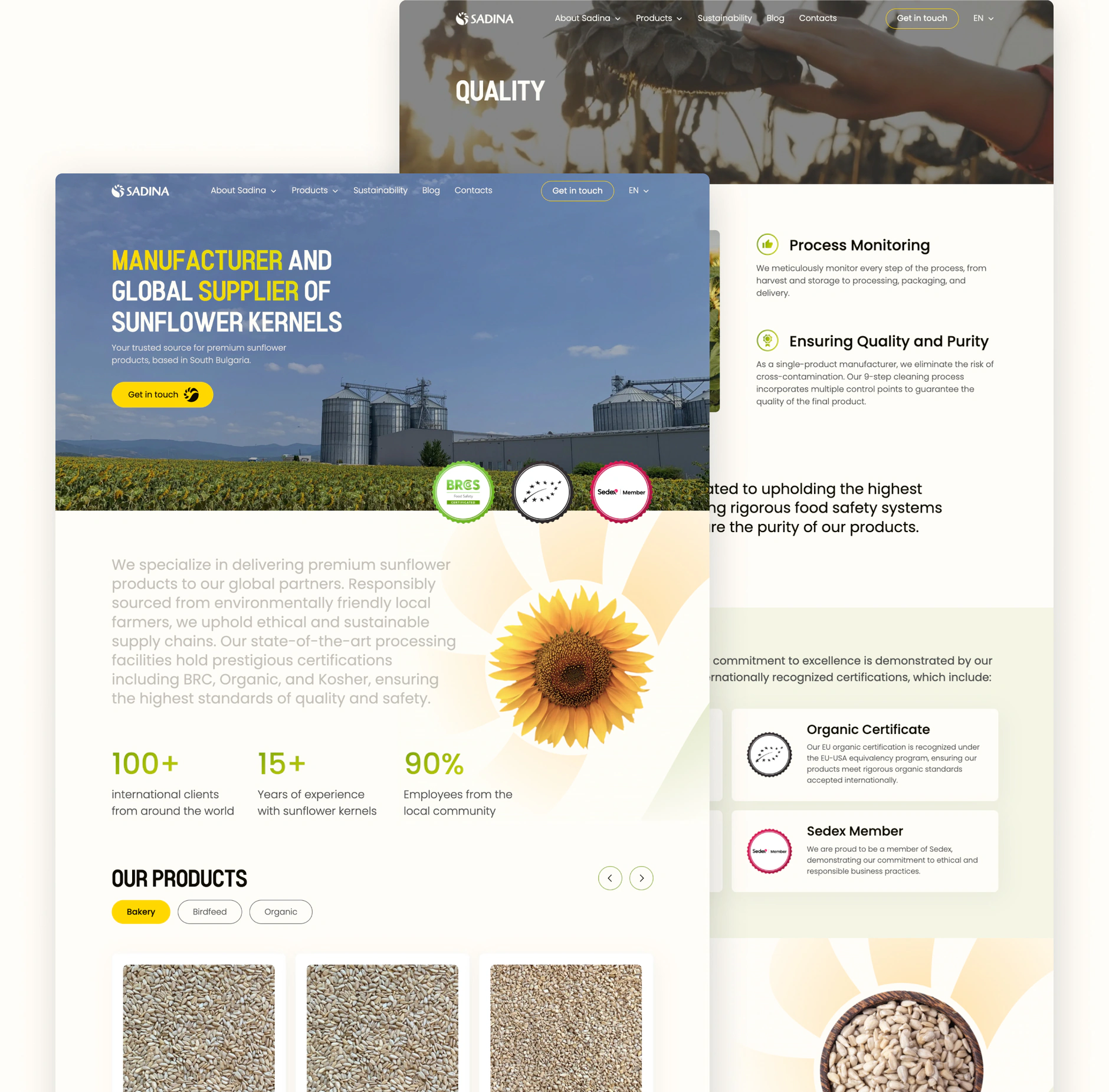 Sadina homepage and Quality page designs overlapping, with sunflower field hero, stats and product cards