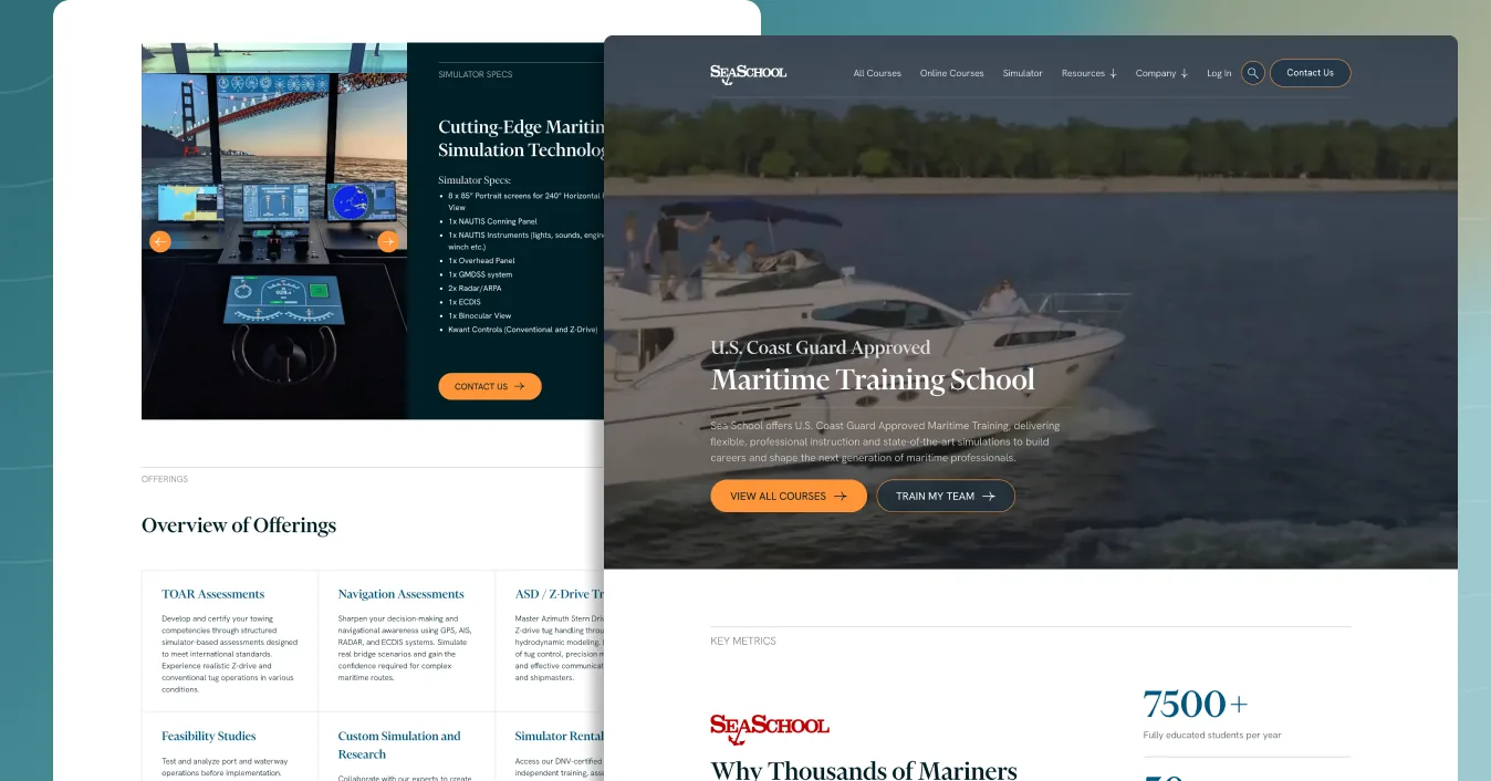 Sea School homepage with the U.S. Coast Guard Approved Maritime Training School hero over a motor yacht and the key metrics band, layered over the bridge simulator page on a teal backdrop