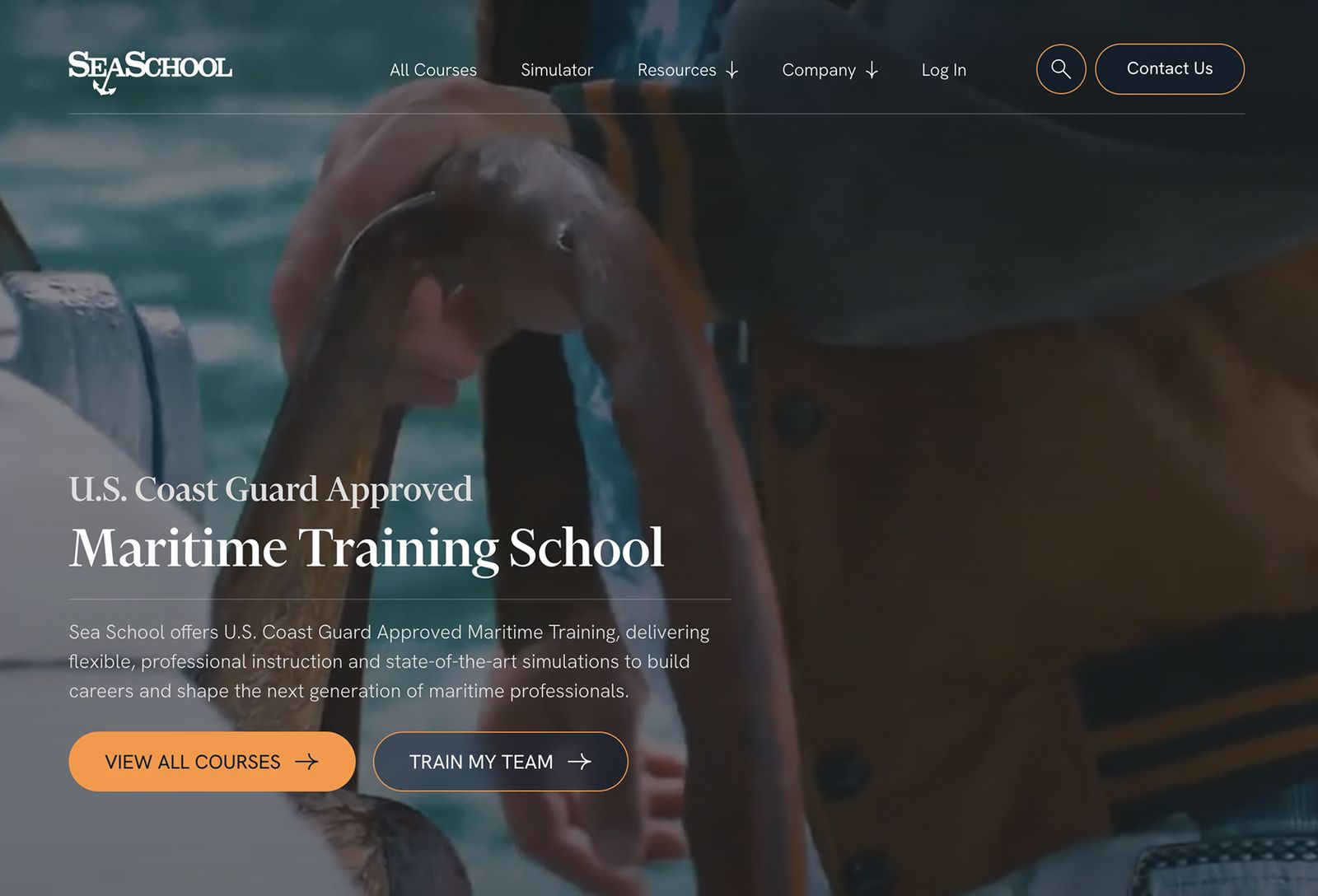 The redesigned Sea School homepage on Webflow, showing the USCG-approved maritime training courses and the course search