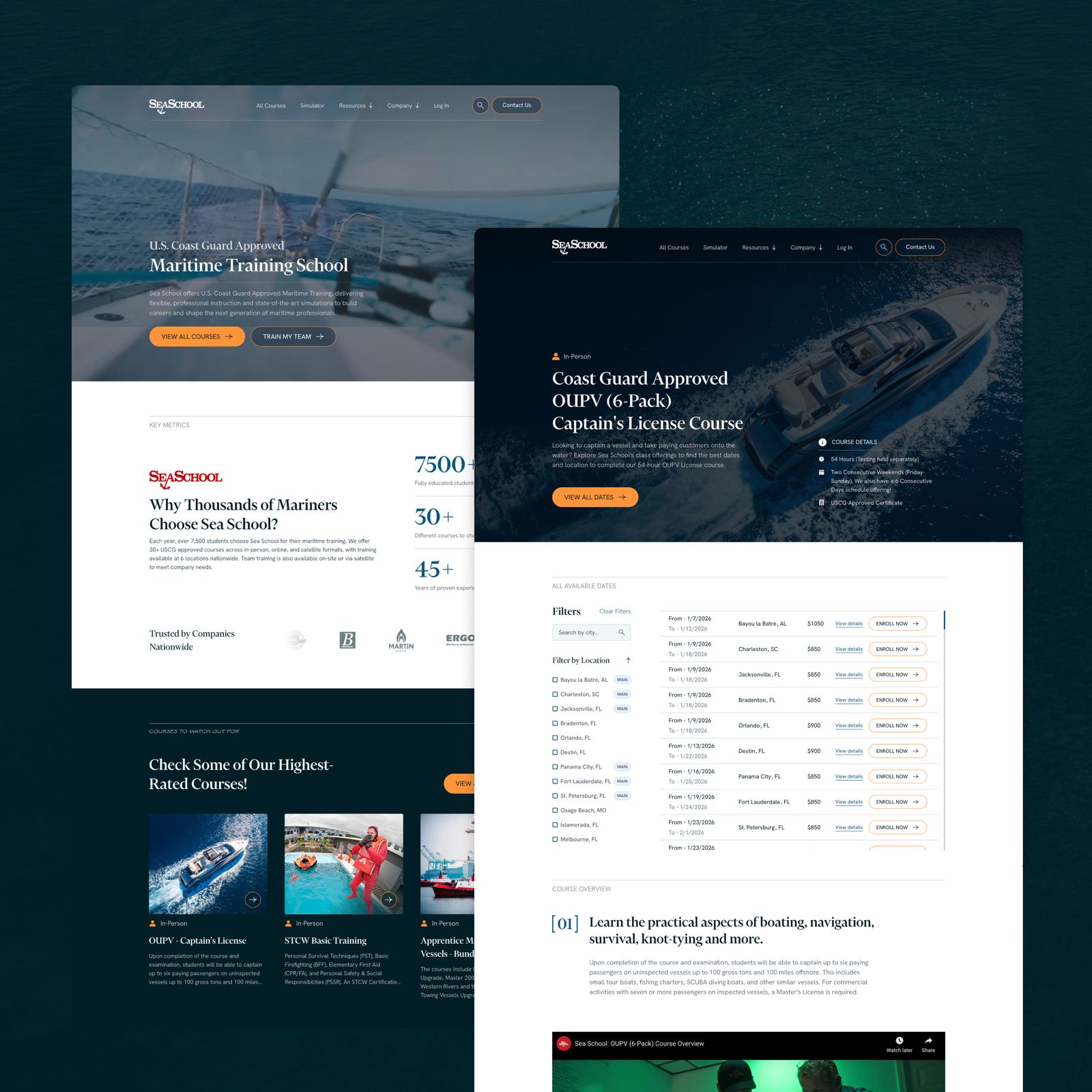 Sea School web design: course listing and course detail layouts