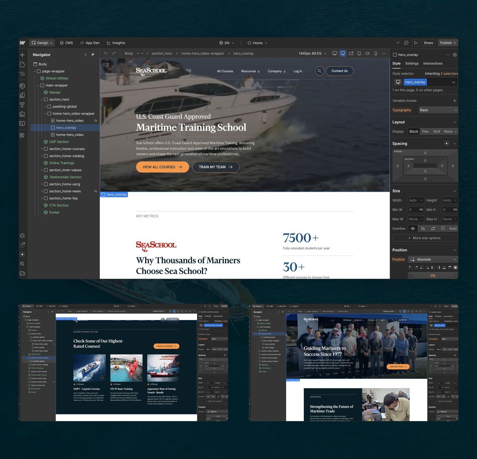 The Sea School site under construction in the Webflow Designer