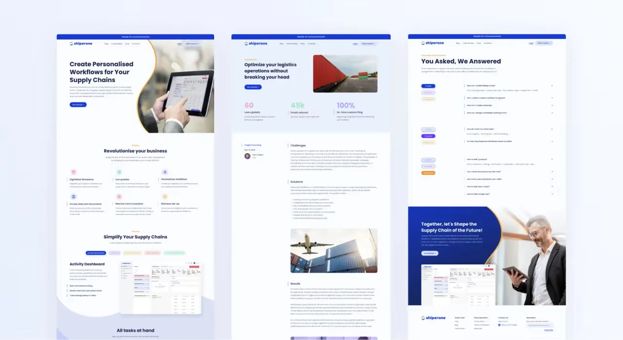 Shiperone's website landing pages