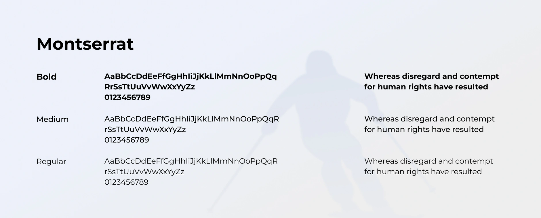 Skiholiday typography sheet showing Montserrat in bold, medium and regular over a faint skier silhouette