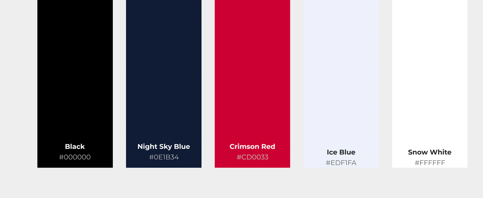 Skiholiday colour palette of five swatches named black, night sky blue, crimson red, ice blue and snow white with hex values