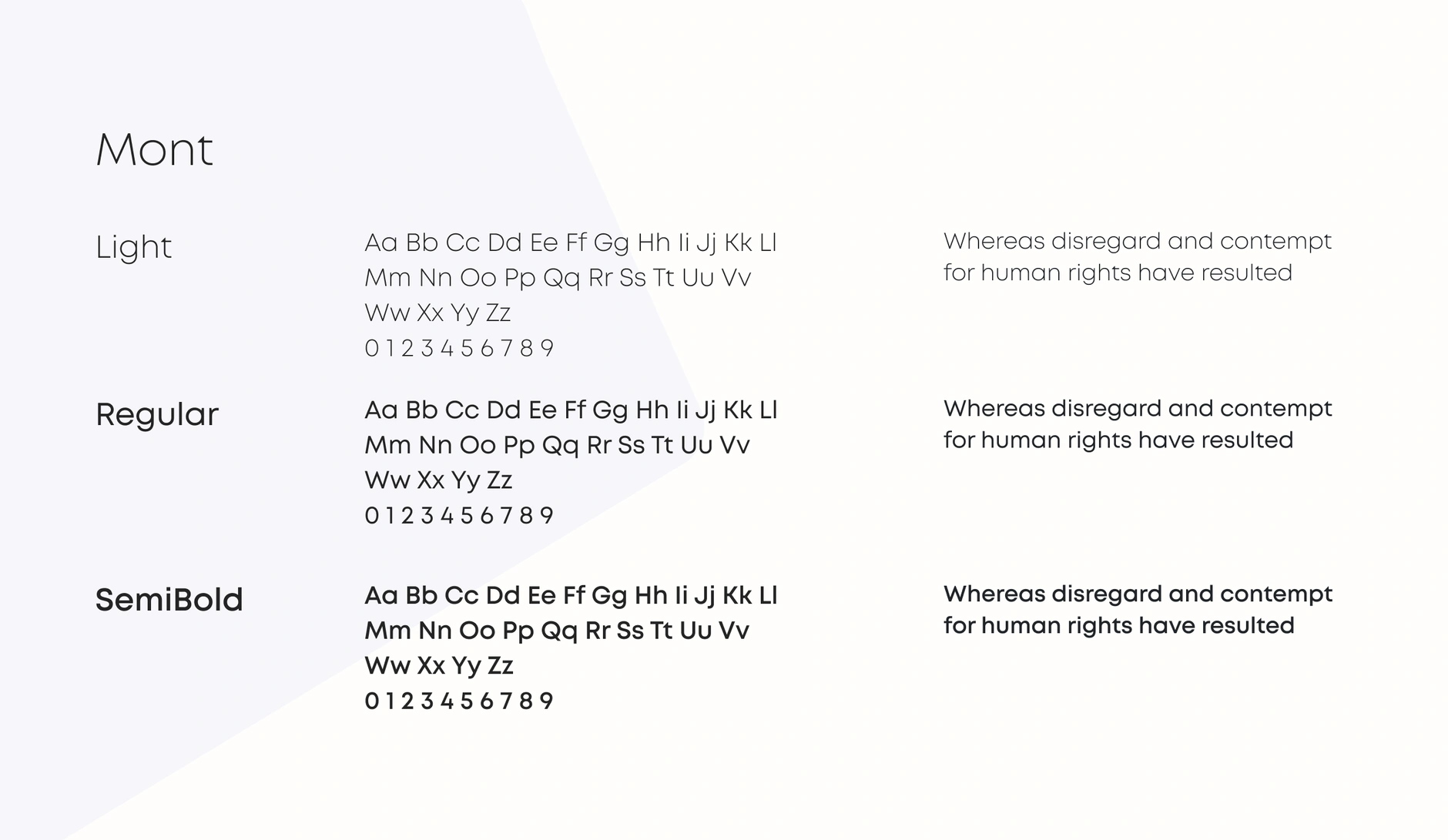 SKLAD.bg typography sheet for the Mont typeface in Light, Regular and SemiBold with alphabet and numerals