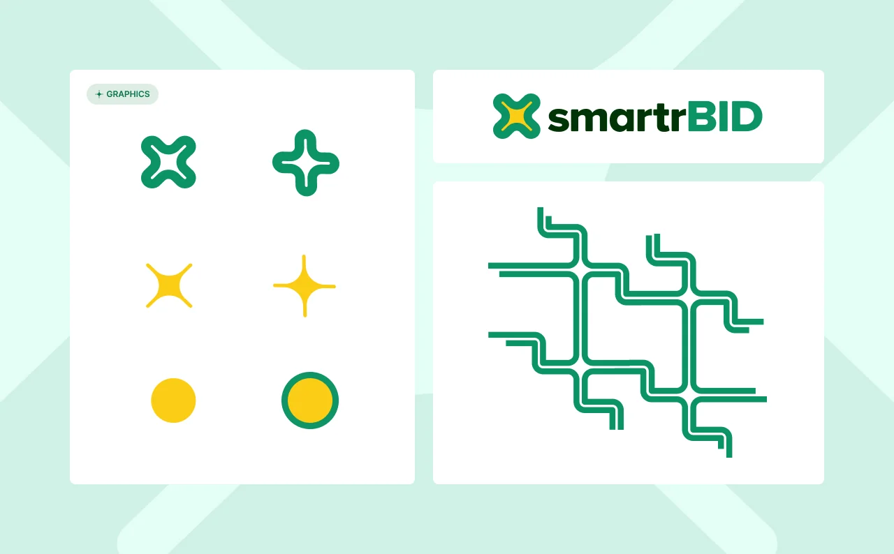 SmartrBID brand graphics: the four-point X mark and sparkle variants, the green and yellow smartrBID wordmark, and a street-grid line pattern