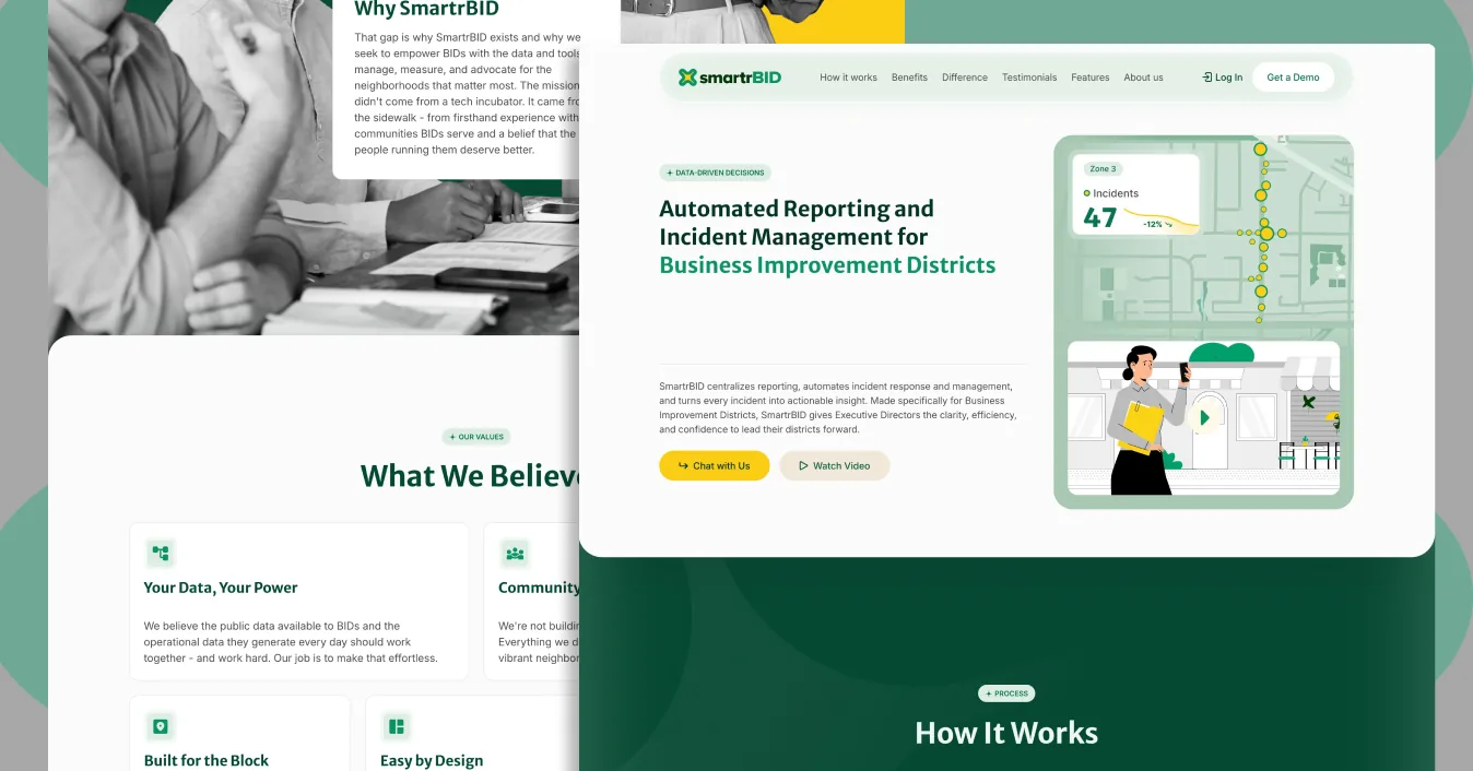 SmartrBID homepage with the Automated Reporting and Incident Management for Business Improvement Districts hero and incident map, layered over the About page with the Why SmartrBID and What We Believe sections on a sage-green backdrop