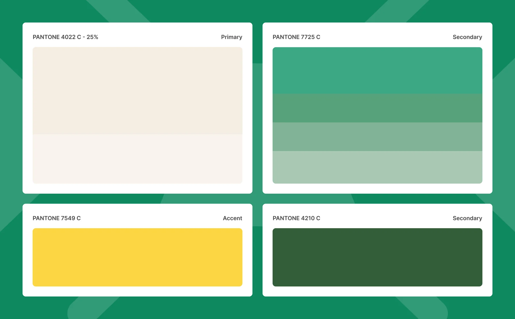 The SmartrBID colour palette as Pantone cards: a cream primary, green and dark green secondaries, and a yellow accent