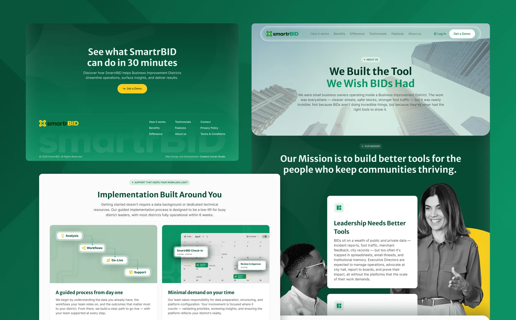 SmartrBID page designs: the demo call-to-action footer, the About Us story over a city skyline, the mission section and the Implementation Built Around You process