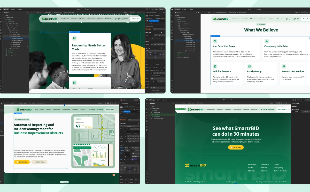 Four SmartrBID pages in the Webflow Designer: the Leadership Needs Better Tools section, the What We Believe values grid, the homepage hero and the demo footer