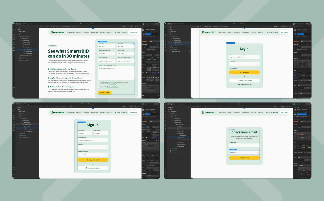 SmartrBID demo and member screens in the Webflow Designer: the Request a Demo form, log in, sign up and the check-your-email password reset step