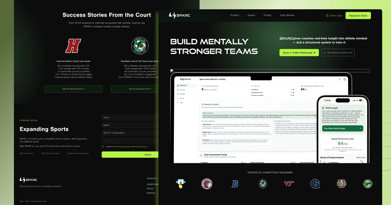 SPARC homepage with the Build mentally stronger teams hero, coach dashboard and stats band, layered over the Success Stories From the Court case study page on a lime-green backdrop