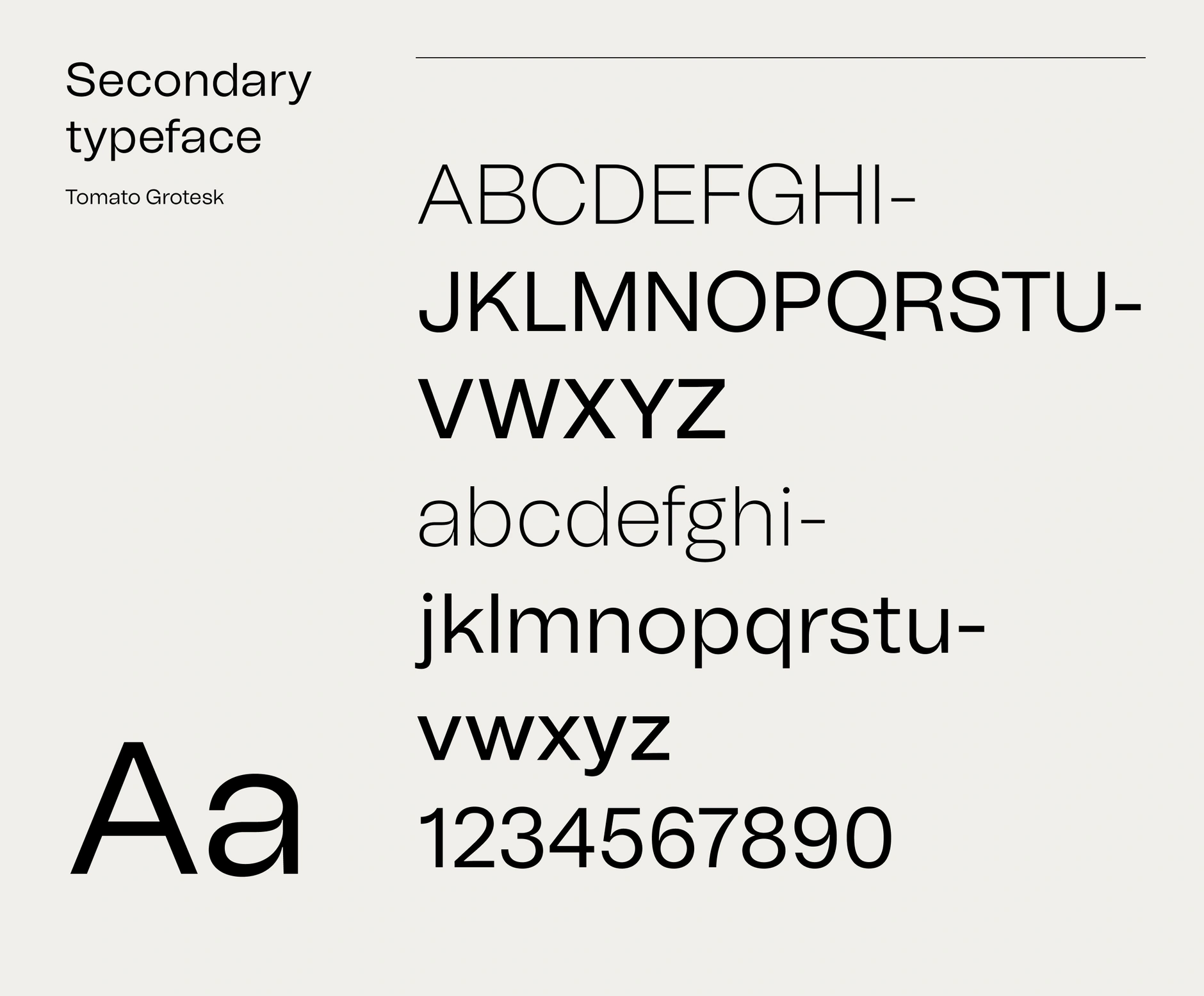 Synergie Skin secondary typeface specimen showing Tomato Grotesk in uppercase, lowercase and numerals
