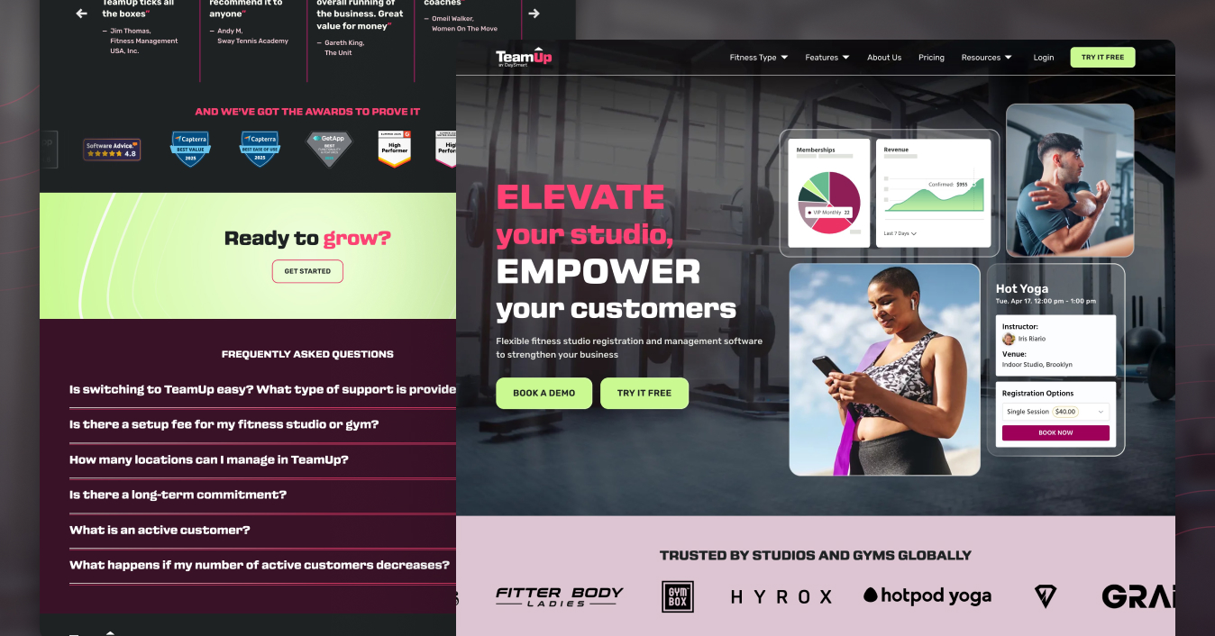 TeamUp homepage hero, Elevate your studio, Empower your customers, with membership and revenue cards and a class booking card, beside the awards row and FAQ