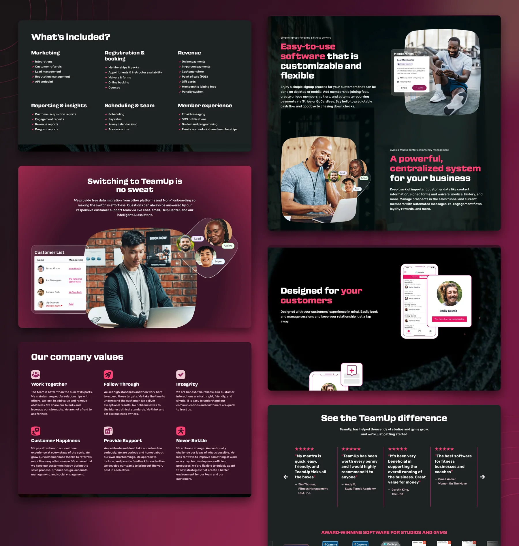 TeamUp page sections: What's included feature list, Switching to TeamUp, company values, gym feature rows, member app, and testimonial slider