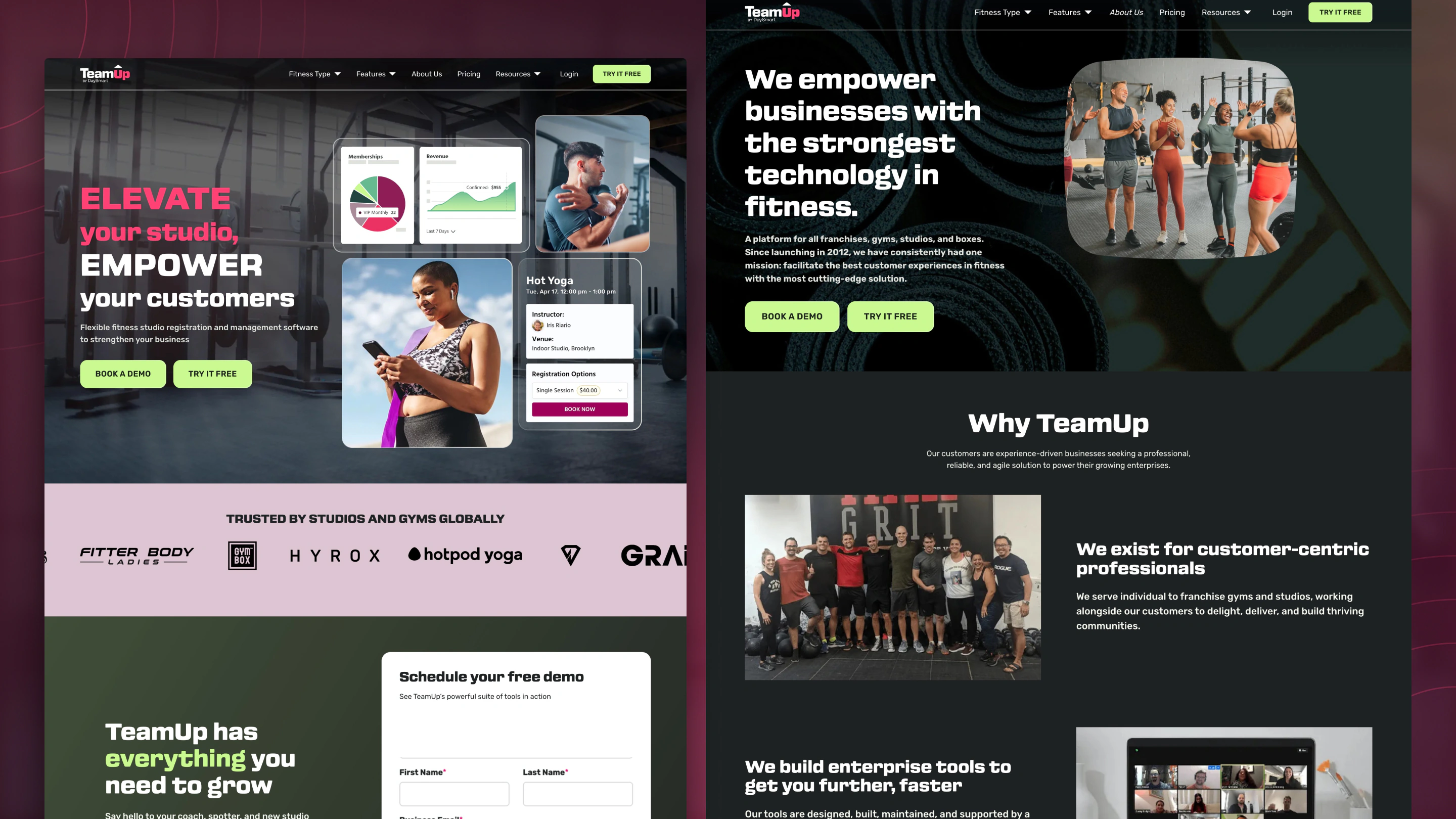 TeamUp by DaySmart website on Webflow: the Elevate your studio homepage with its trusted-by logo bar, beside the About page, We empower businesses with the strongest technology in fitness