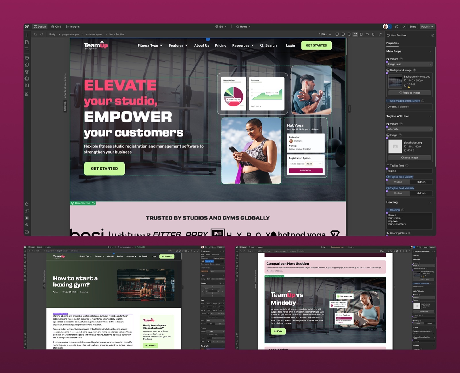 TeamUp in the Webflow Designer: homepage hero component with its editable properties panel, a blog post template, and a comparison page hero