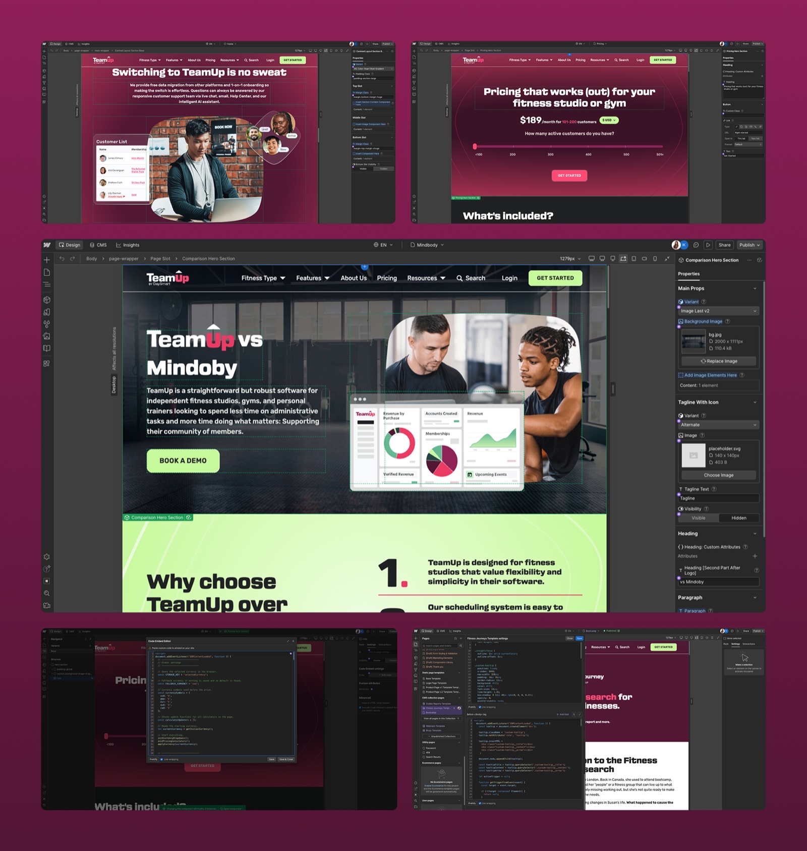 TeamUp in the Webflow Designer: migration and pricing calculator sections, a competitor comparison hero component, and custom code embeds