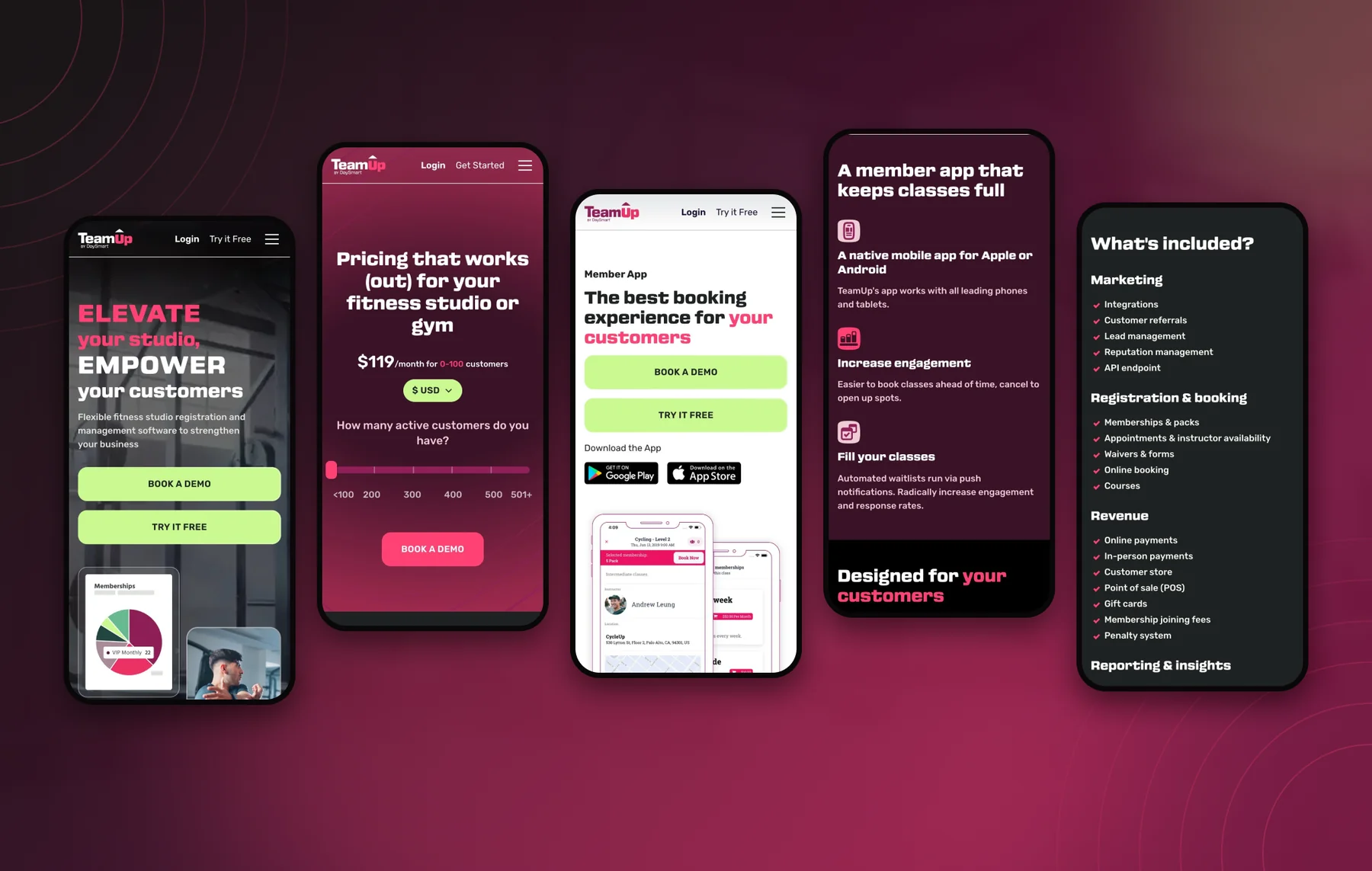 Five TeamUp mobile screens: homepage hero, pricing slider, Member App page, member app features, and the What's included feature list