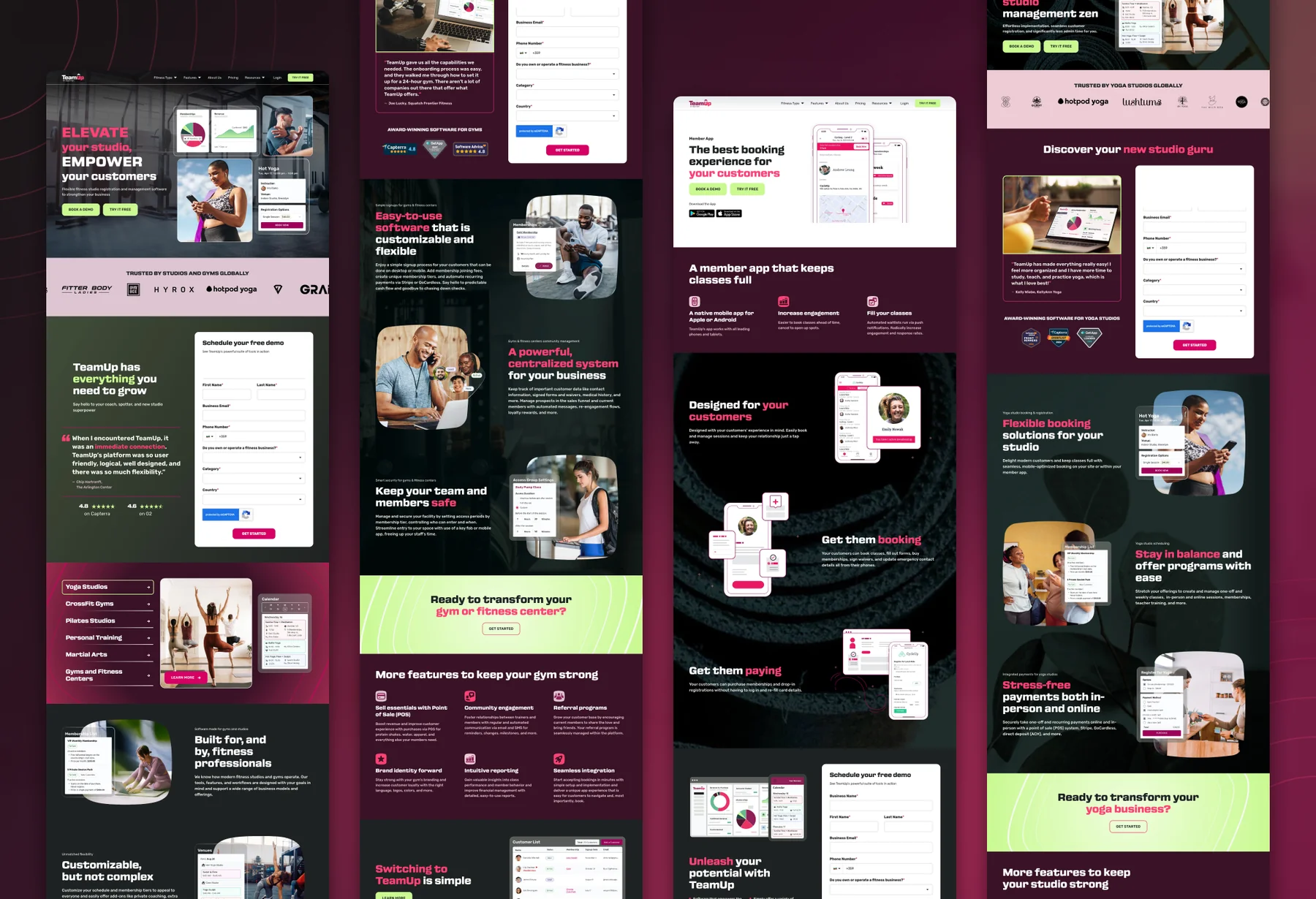 Full-length TeamUp pages rebuilt in Webflow: homepage, gym and fitness center page, Member App page, and yoga studio software page