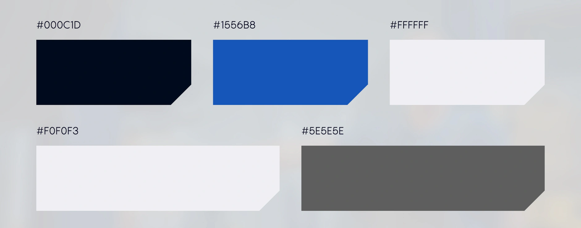 Technotest colour palette of five angled swatches in navy, blue, white and grey with hex values listed above each