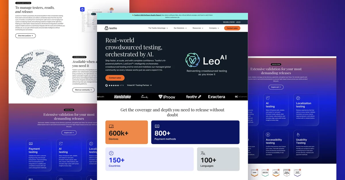 Three Testlio homepage views on an orange-to-purple gradient: the AI-orchestrated testing hero in front, with the LeoCore, tester community and solutions sections behind