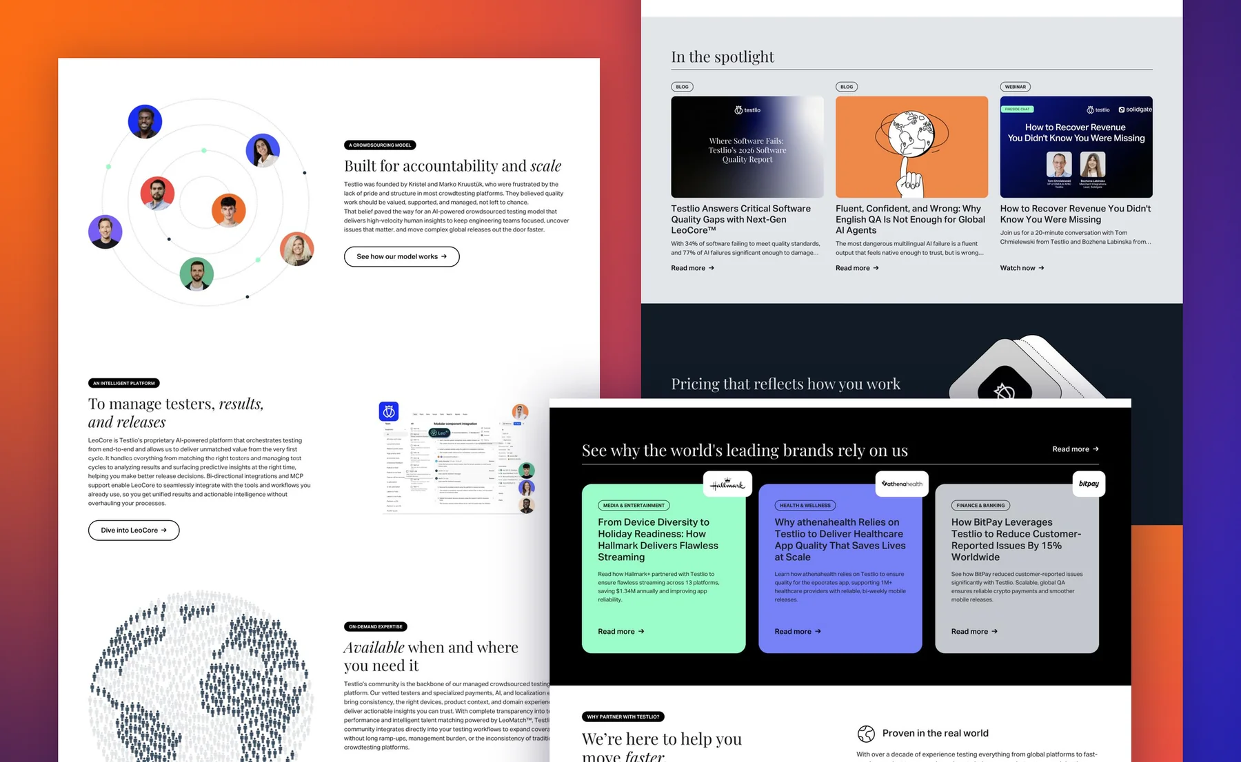 Testlio homepage sections: the crowdsourcing model, LeoCore platform and on-demand experts blocks, In the spotlight resources, a pricing teaser and client case study cards