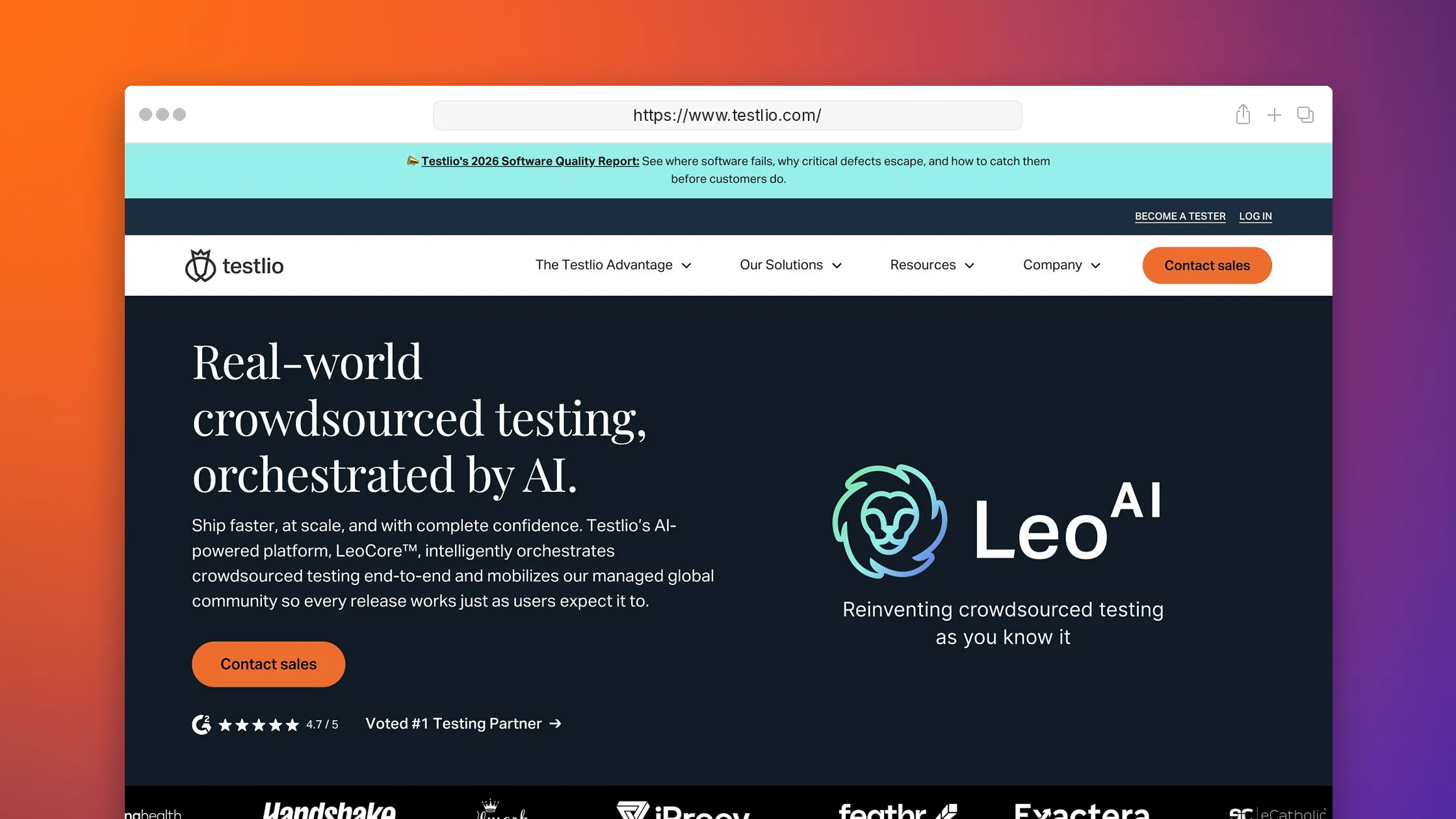 Testlio homepage in a browser window on an orange-to-purple gradient, with the Real-world crowdsourced testing, orchestrated by AI hero, Leo AI mark and client logos